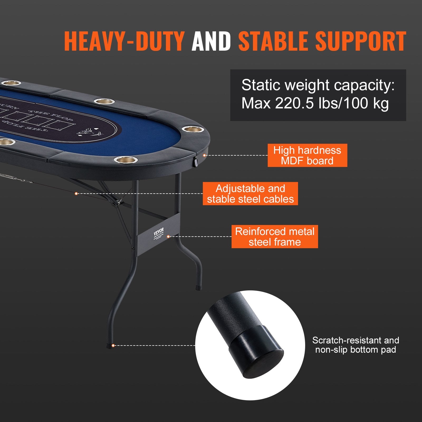 8 Player Foldable Poker Table, Blackjack Texas Holdem Poker Table with Padded Rails and Stainless Steel Cup Holders, Portable Folding Card Board Game Table,183cm Oval Casino Leisure Table, Blue