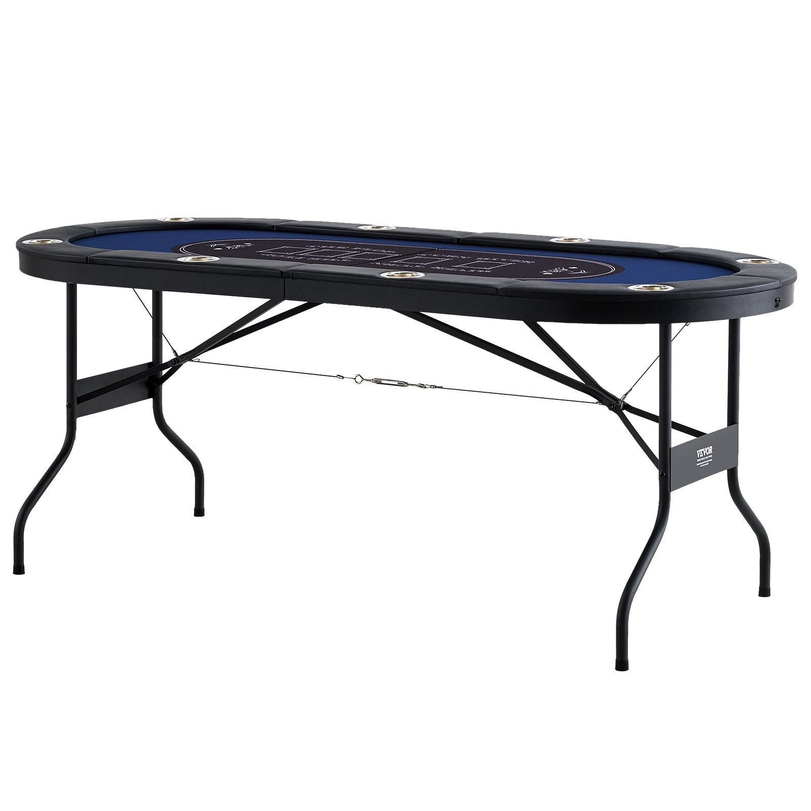 8 Player Foldable Poker Table, Blackjack Texas Holdem Poker Table with Padded Rails and Stainless Steel Cup Holders, Portable Folding Card Board Game Table,183cm Oval Casino Leisure Table, Blue