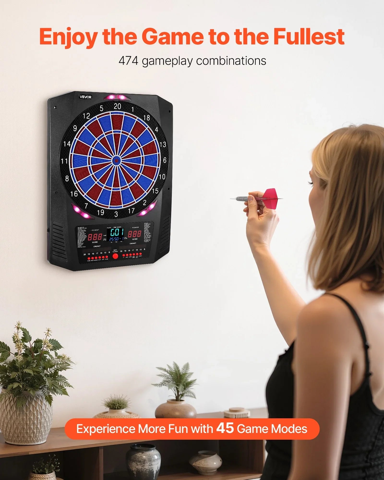 Electronic Dart Board, 336mm Target Dartboard with 45 Games & 474 Variations for Up to 8 Players, 6 Dart Shafts with Flights & 50 Soft Tips, Color LED Cricket Scoring Screen for Home Party Bar