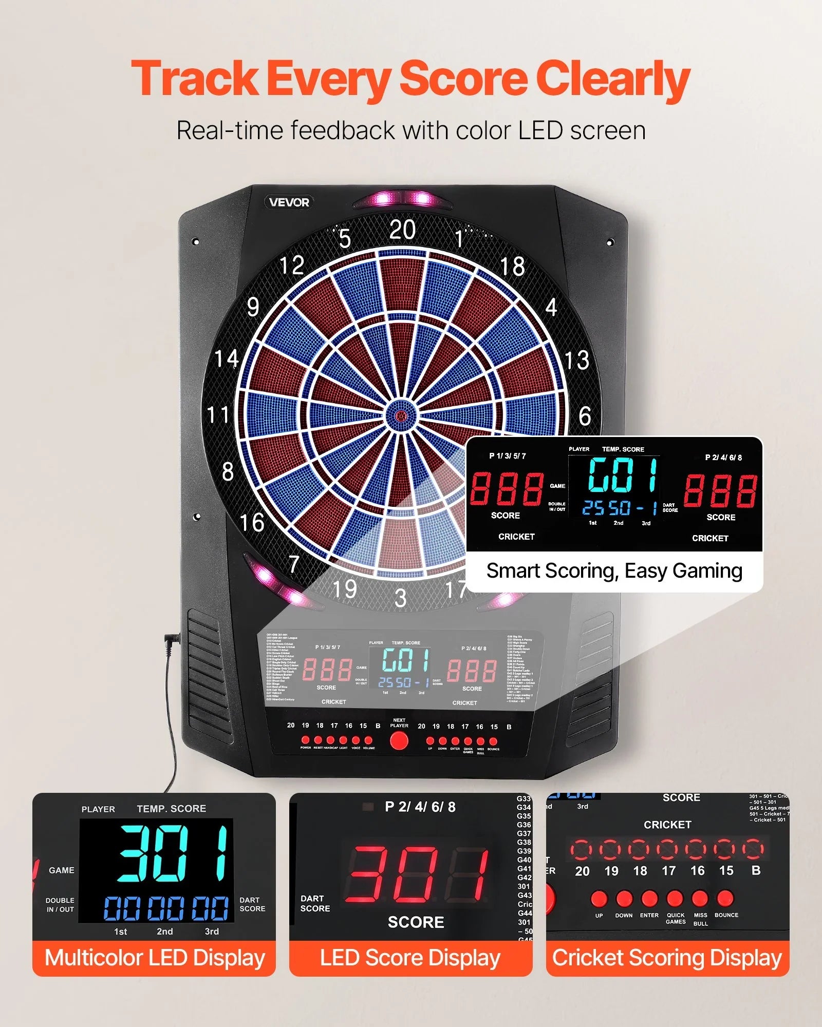 Electronic Dart Board, 336mm Target Dartboard with 45 Games & 474 Variations for Up to 8 Players, 6 Dart Shafts with Flights & 50 Soft Tips, Color LED Cricket Scoring Screen for Home Party Bar