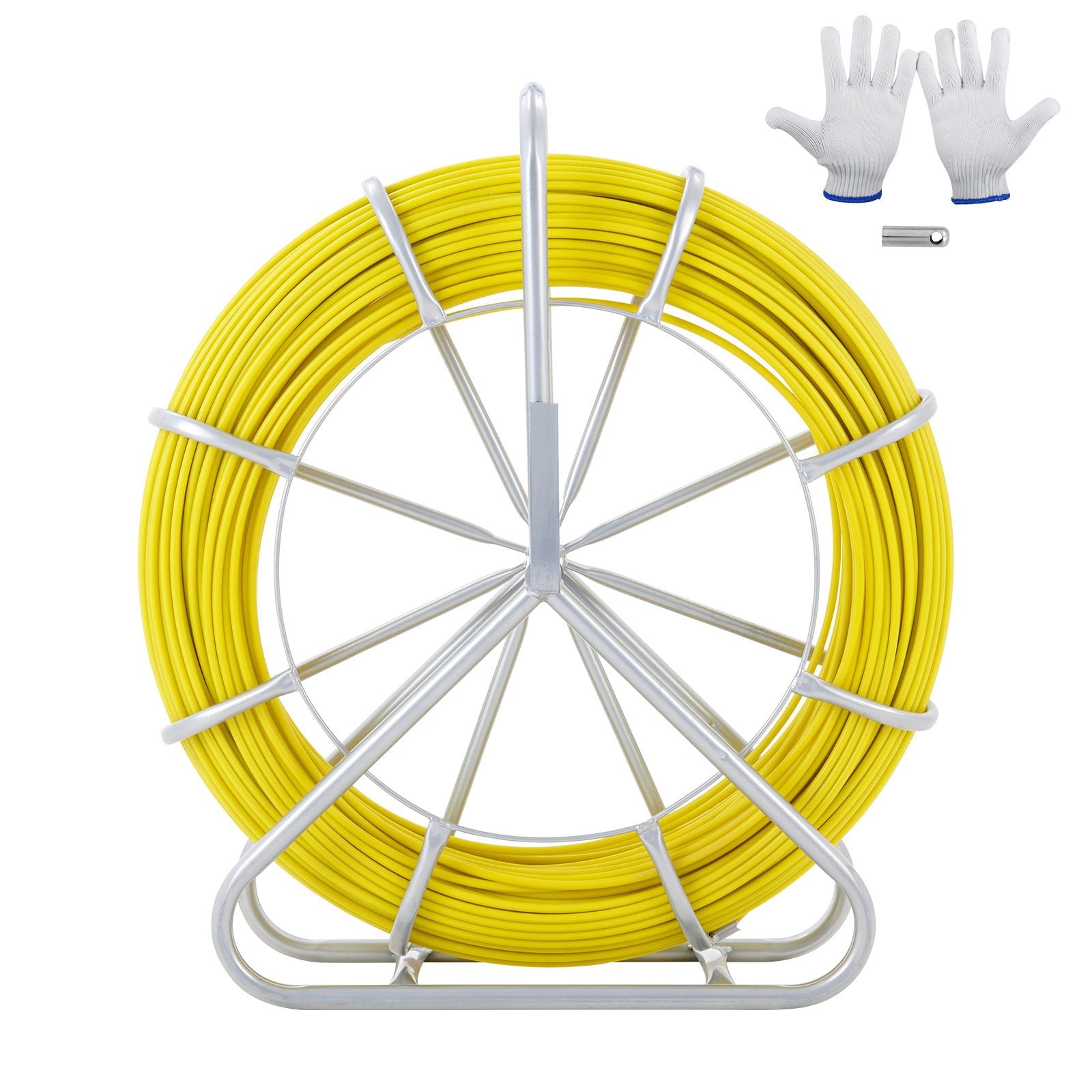 Fish Tape Fiberglass, 150 m, 7.9 mm, Duct Rodder Fishtape Wire Puller, Cable Running Rod with Steel Reel Stand, 3 Pulling Heads, Fishing Tools for Walls and Electrical Conduit, Non-Conductive