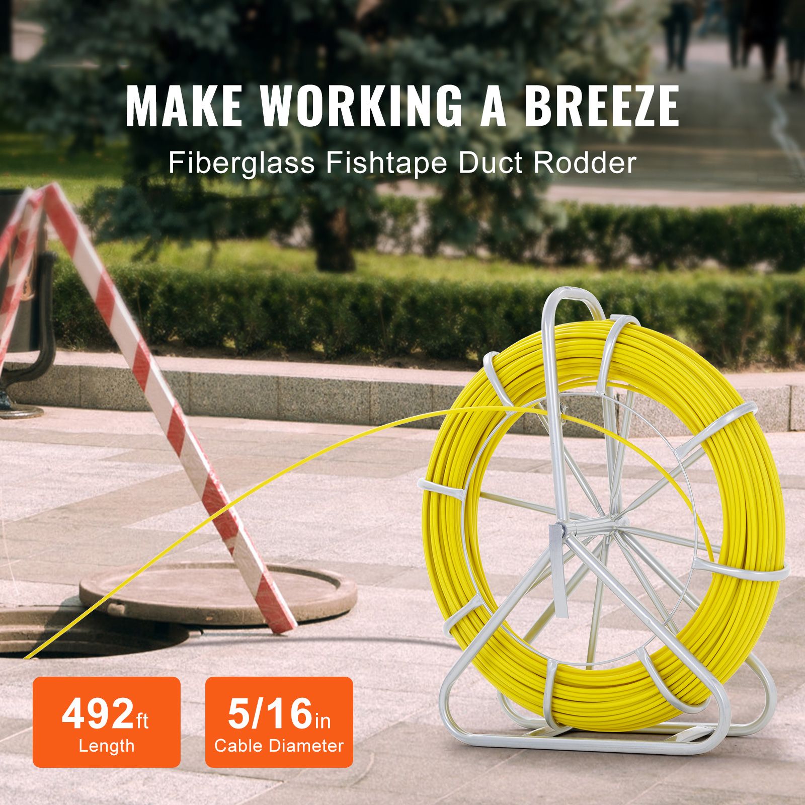 Fish Tape Fiberglass, 150 m, 7.9 mm, Duct Rodder Fishtape Wire Puller, Cable Running Rod with Steel Reel Stand, 3 Pulling Heads, Fishing Tools for Walls and Electrical Conduit, Non-Conductive