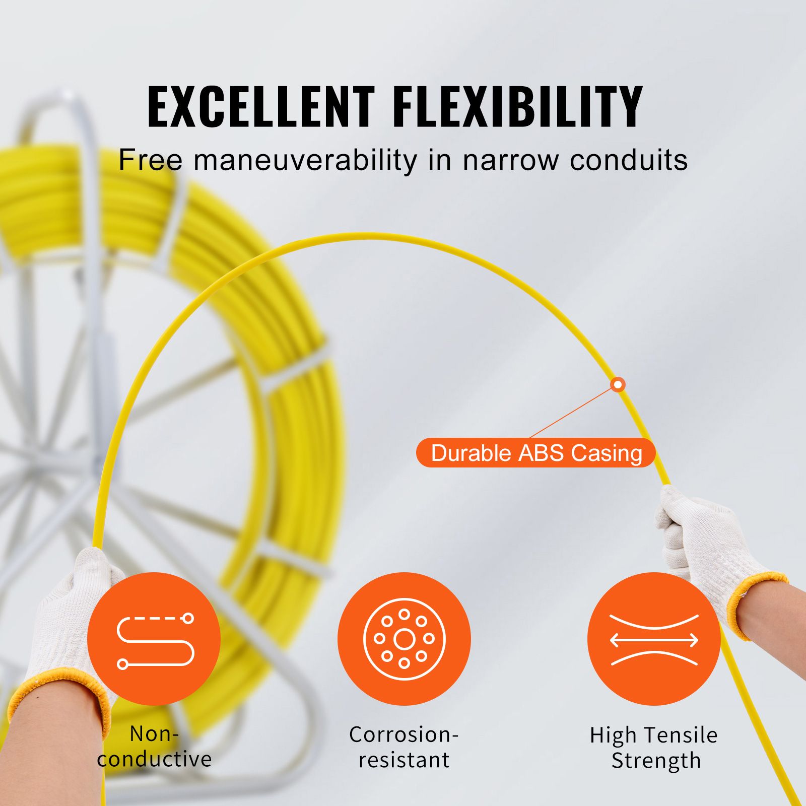 Fish Tape Fiberglass, 150 m, 7.9 mm, Duct Rodder Fishtape Wire Puller, Cable Running Rod with Steel Reel Stand, 3 Pulling Heads, Fishing Tools for Walls and Electrical Conduit, Non-Conductive