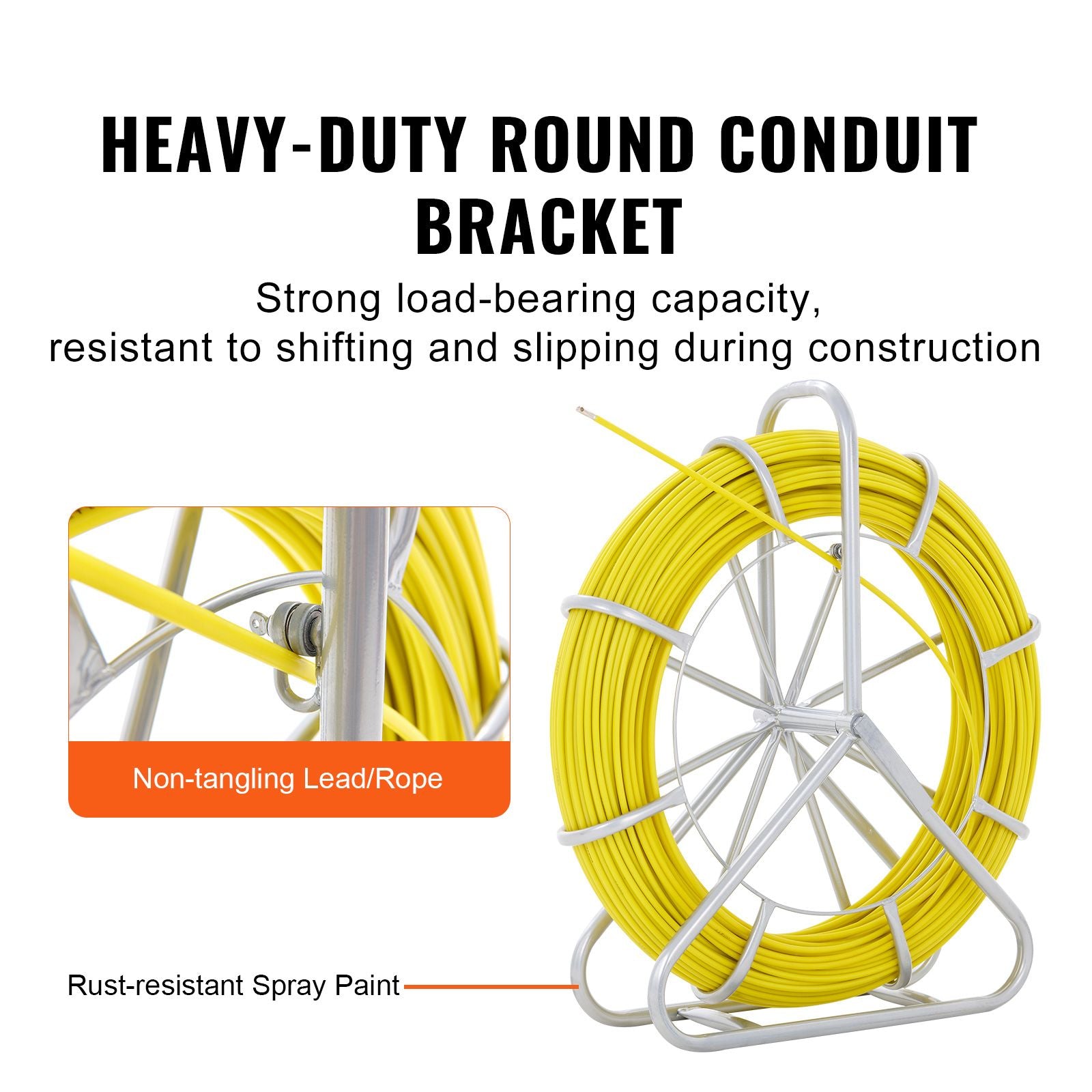 Fish Tape Fiberglass, 150 m, 7.9 mm, Duct Rodder Fishtape Wire Puller, Cable Running Rod with Steel Reel Stand, 3 Pulling Heads, Fishing Tools for Walls and Electrical Conduit, Non-Conductive