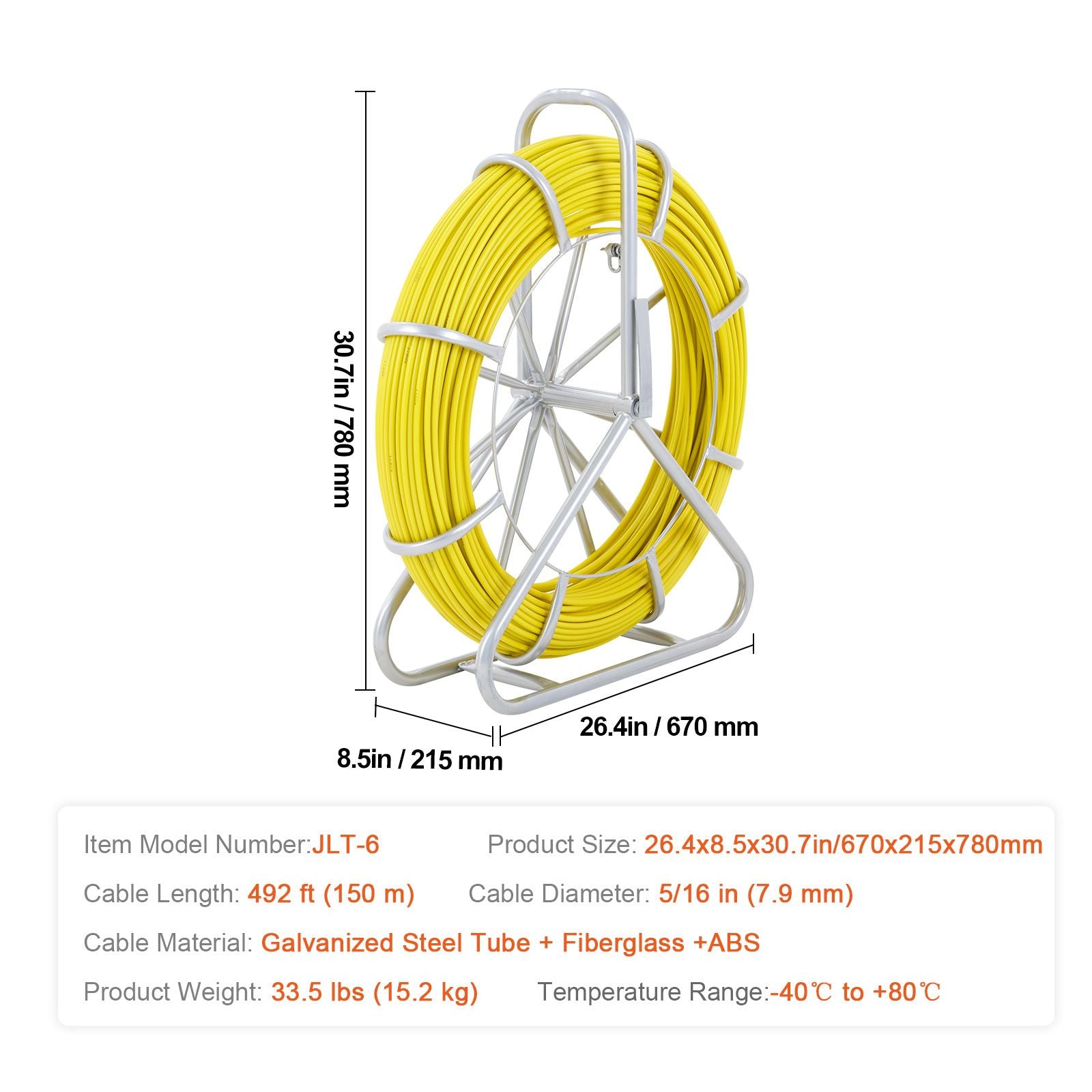 Fish Tape Fiberglass, 150 m, 7.9 mm, Duct Rodder Fishtape Wire Puller, Cable Running Rod with Steel Reel Stand, 3 Pulling Heads, Fishing Tools for Walls and Electrical Conduit, Non-Conductive
