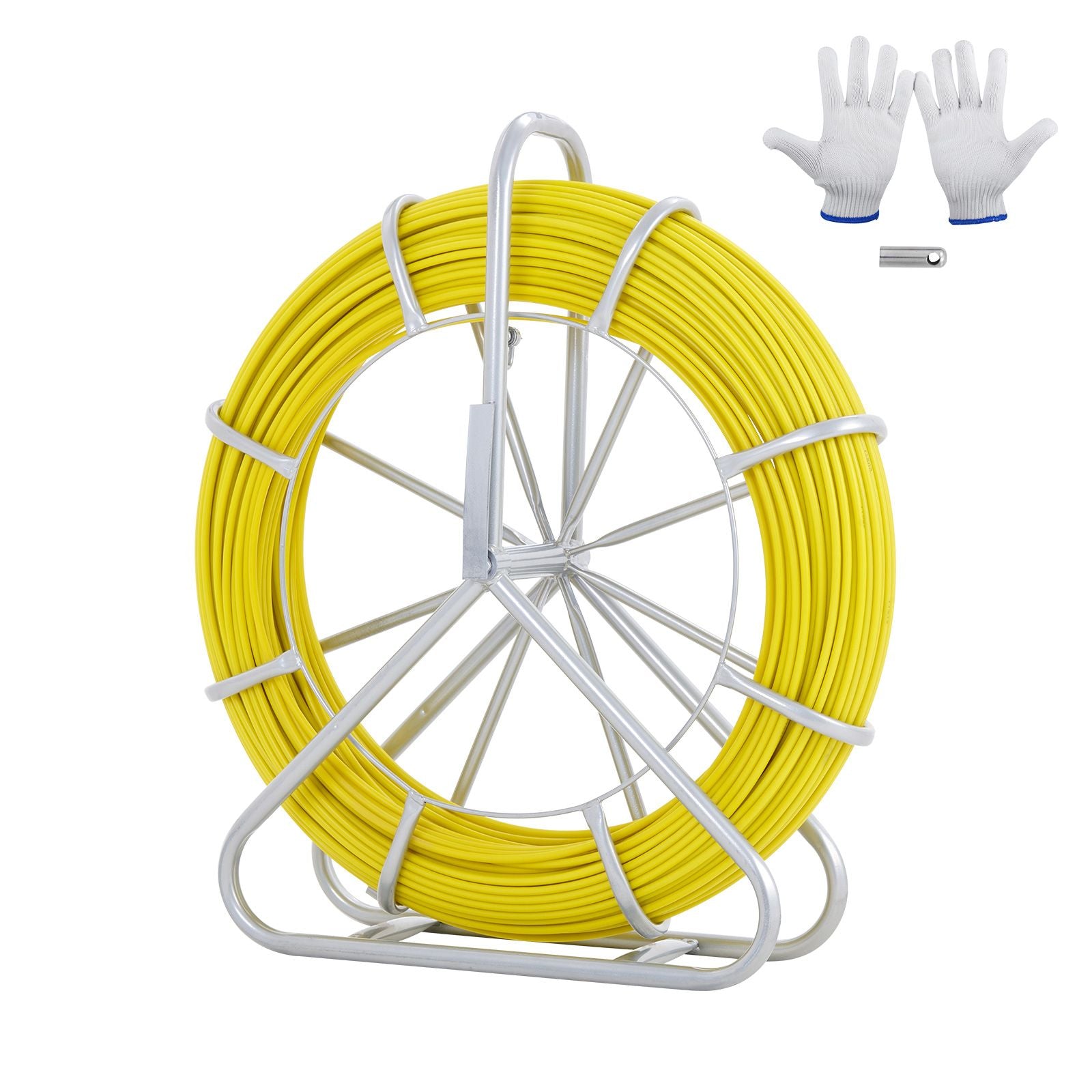 Fish Tape Fiberglass, 150 m, 7.9 mm, Duct Rodder Fishtape Wire Puller, Cable Running Rod with Steel Reel Stand, 3 Pulling Heads, Fishing Tools for Walls and Electrical Conduit, Non-Conductive