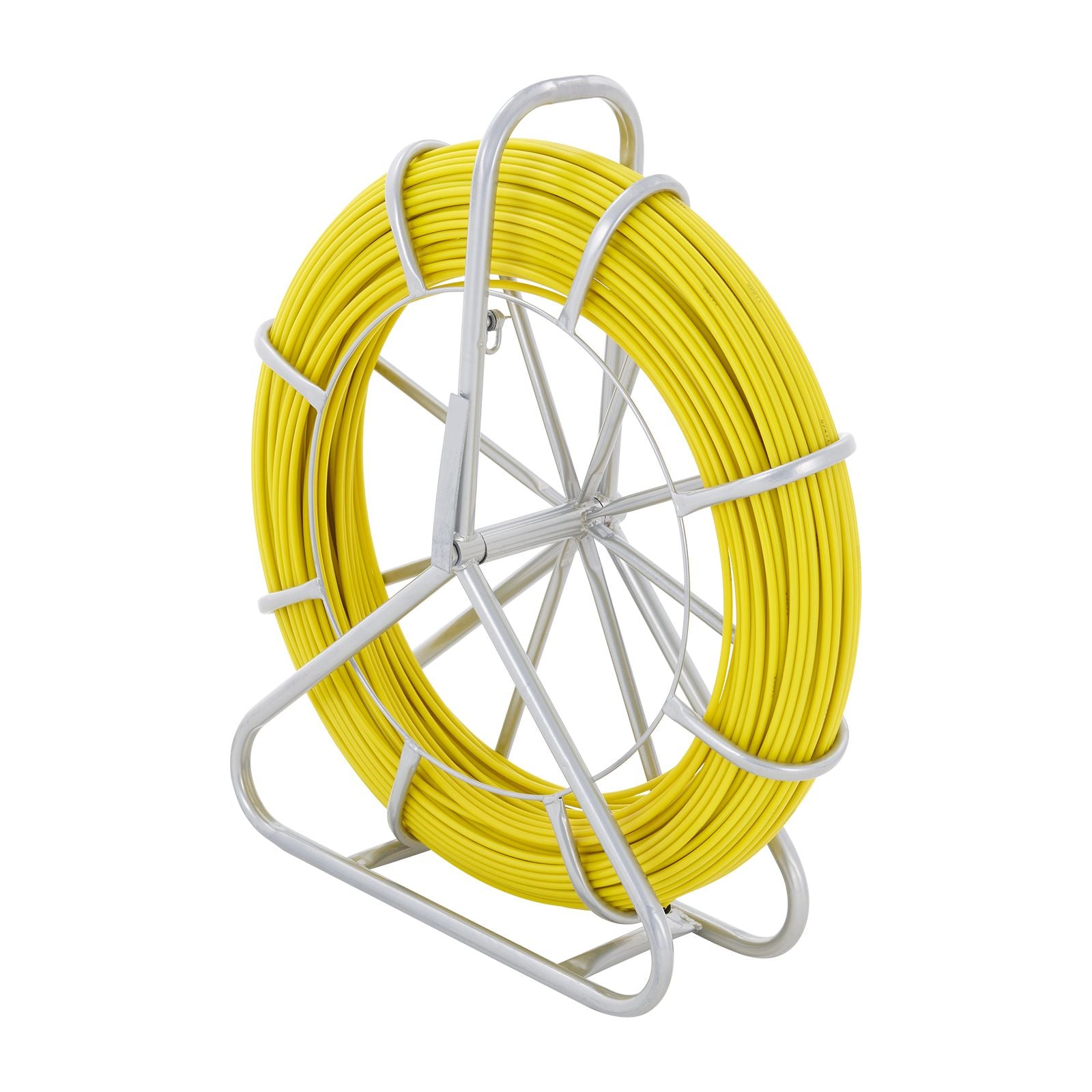 Fish Tape Fiberglass, 150 m, 7.9 mm, Duct Rodder Fishtape Wire Puller, Cable Running Rod with Steel Reel Stand, 3 Pulling Heads, Fishing Tools for Walls and Electrical Conduit, Non-Conductive