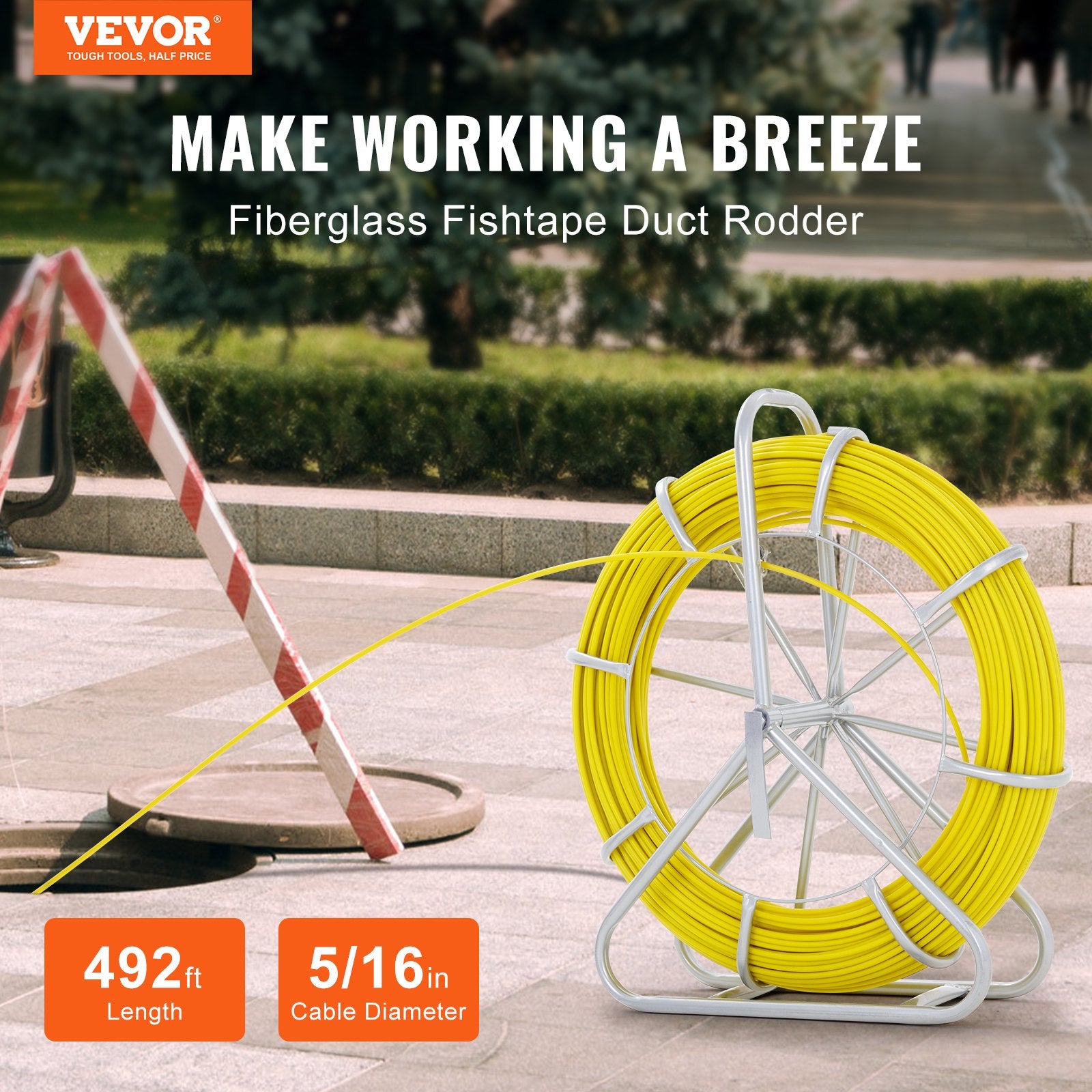 Fish Tape Fiberglass, 150 m, 7.9 mm, Duct Rodder Fishtape Wire Puller, Cable Running Rod with Steel Reel Stand, 3 Pulling Heads, Fishing Tools for Walls and Electrical Conduit, Non-Conductive