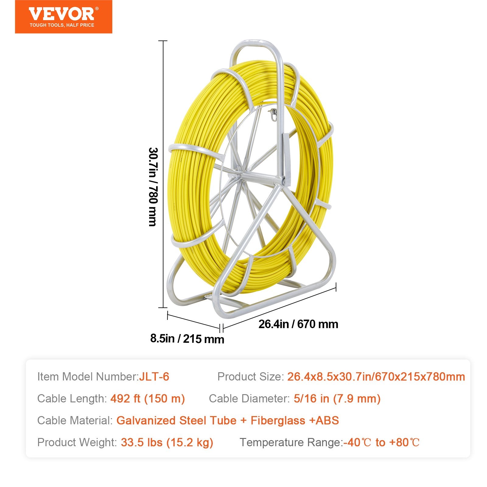 Fish Tape Fiberglass, 150 m, 7.9 mm, Duct Rodder Fishtape Wire Puller, Cable Running Rod with Steel Reel Stand, 3 Pulling Heads, Fishing Tools for Walls and Electrical Conduit, Non-Conductive