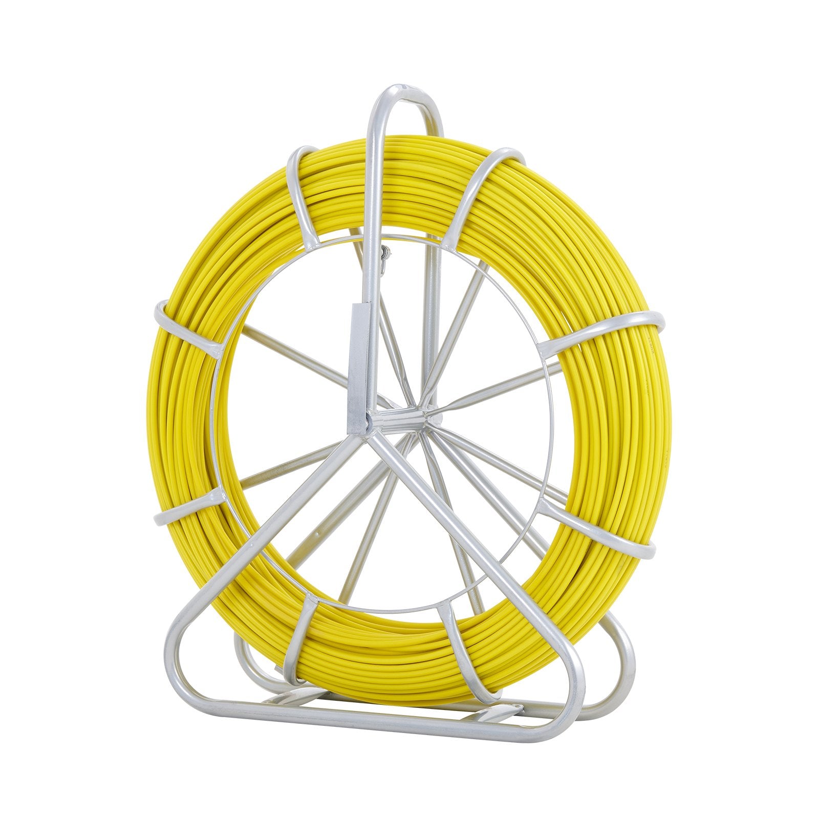 Fish Tape Fiberglass, 182.88 m, 7.9 mm, Duct Rodder Fishtape Wire Puller, Cable Running Rod with Steel Reel Stand, 3 Pulling Heads, Fishing Tools for Walls and Electrical Conduit, Non-Conductive