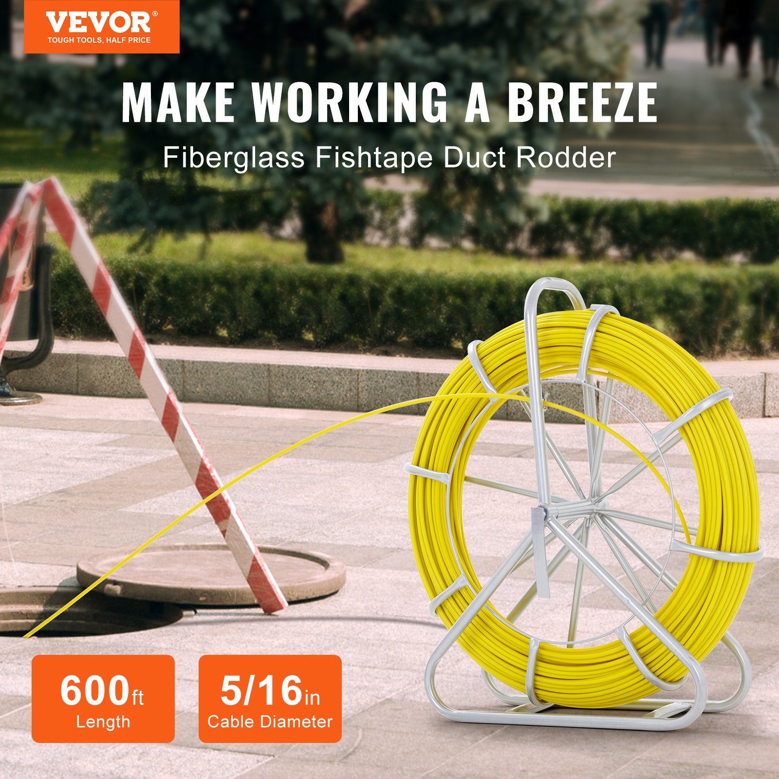 Fish Tape Fiberglass, 182.88 m, 7.9 mm, Duct Rodder Fishtape Wire Puller, Cable Running Rod with Steel Reel Stand, 3 Pulling Heads, Fishing Tools for Walls and Electrical Conduit, Non-Conductive