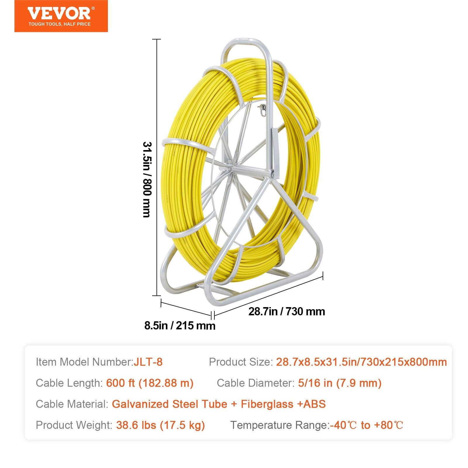Fish Tape Fiberglass, 182.88 m, 7.9 mm, Duct Rodder Fishtape Wire Puller, Cable Running Rod with Steel Reel Stand, 3 Pulling Heads, Fishing Tools for Walls and Electrical Conduit, Non-Conductive