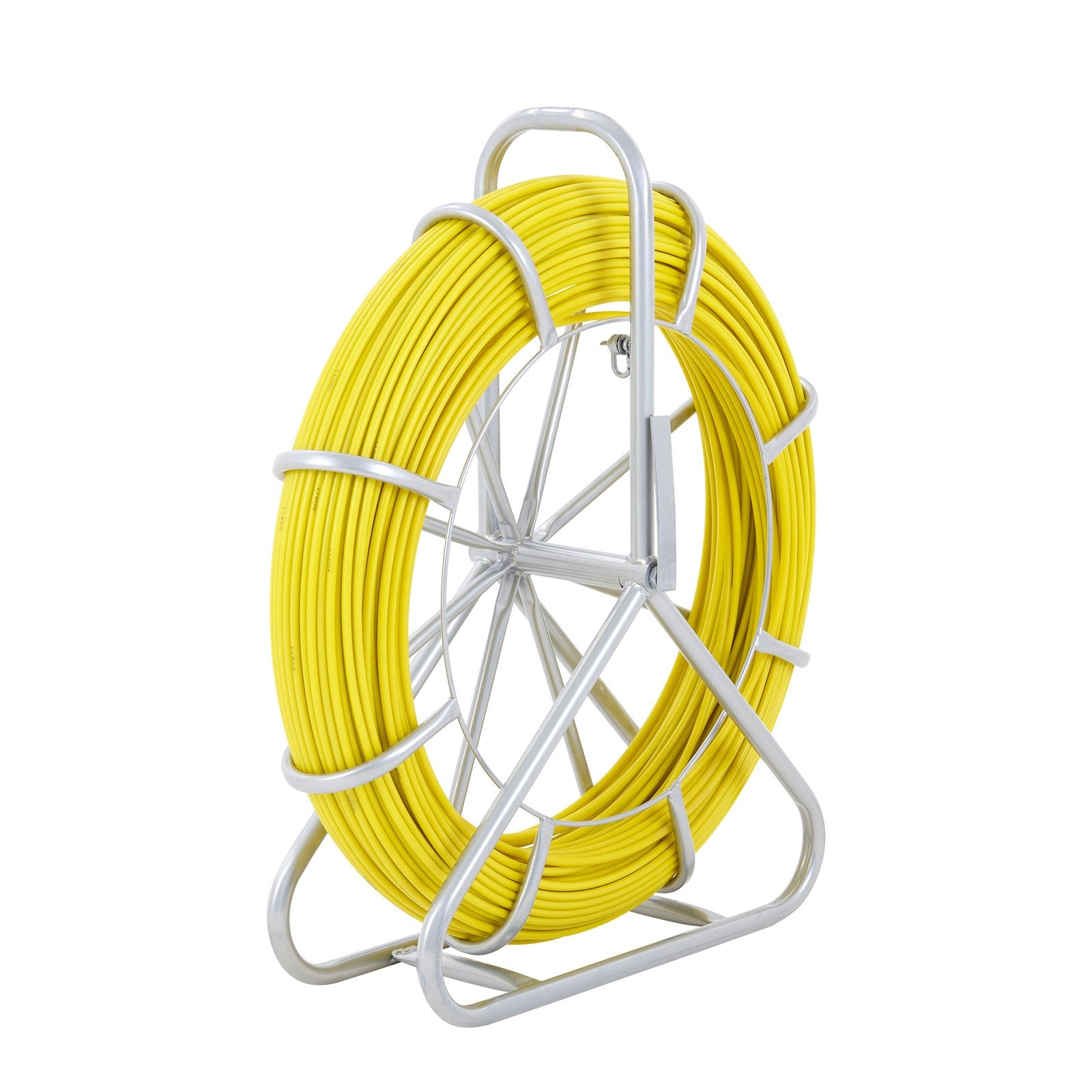 Fish Tape Fiberglass, 182.88 m, 7.9 mm, Duct Rodder Fishtape Wire Puller, Cable Running Rod with Steel Reel Stand, 3 Pulling Heads, Fishing Tools for Walls and Electrical Conduit, Non-Conductive