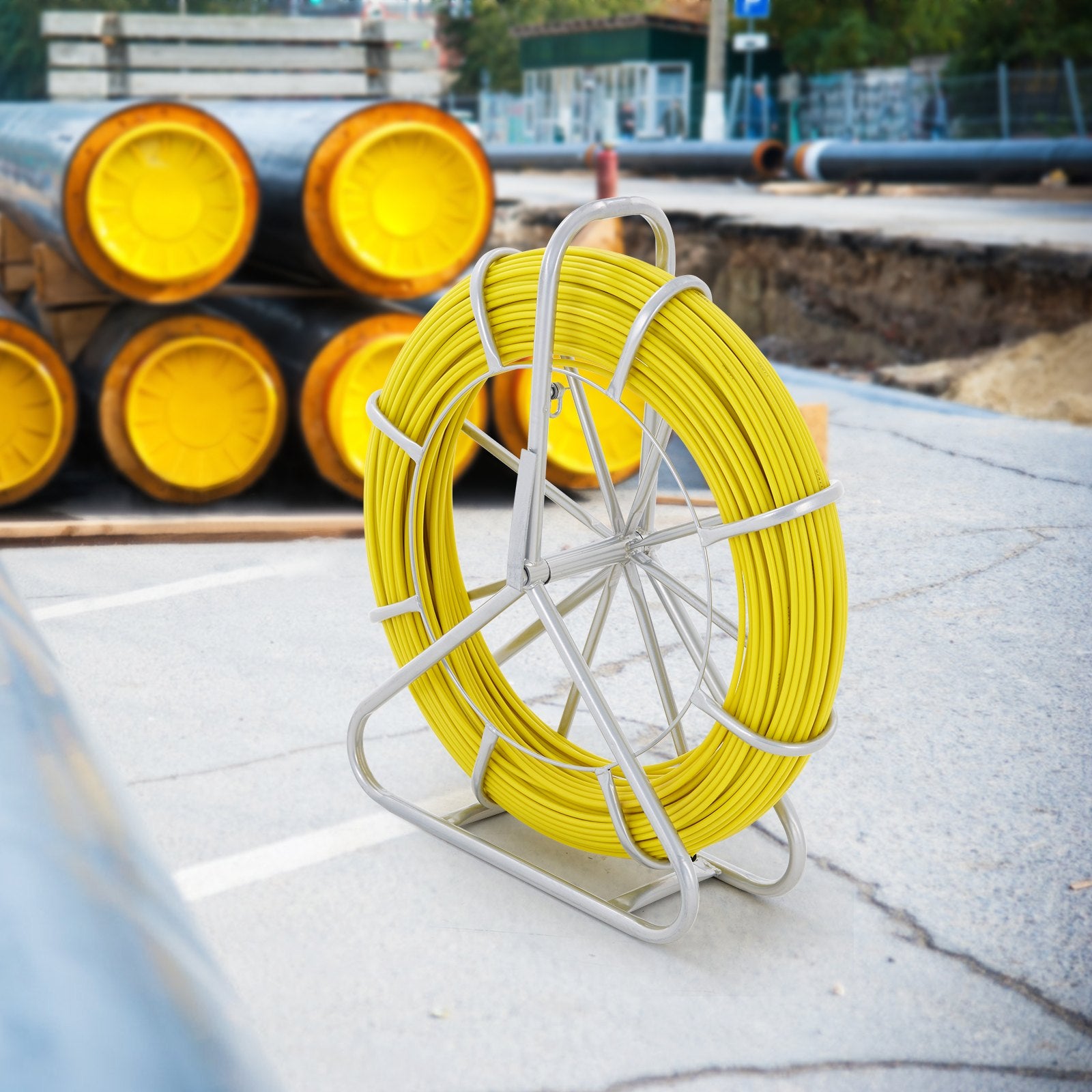 Fish Tape Fiberglass, 129.5 m, 6.35 mm, Duct Rodder Fishtape Wire Puller, Cable Running Rod with Steel Reel Stand, 3 Pulling Heads, Fishing Tools for Walls and Electrical Conduit, Non-Conductive