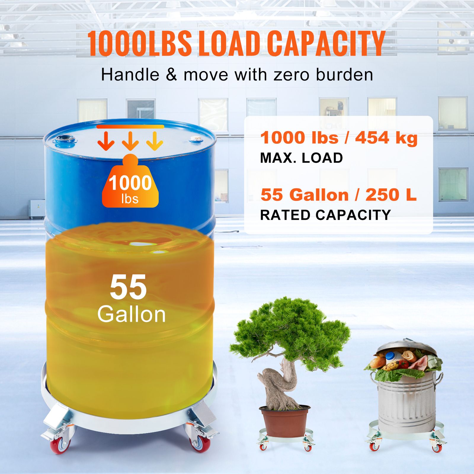 2PCS 250 L Heavy Duty Drum Dolly, 454 kg Load Capacity, Barrel Dolly Cart Drum Caddy, Non Tipping Hand Truck Capacity Dollies with Steel Frame 4 Swivel Casters Wheel, for Drum Handling