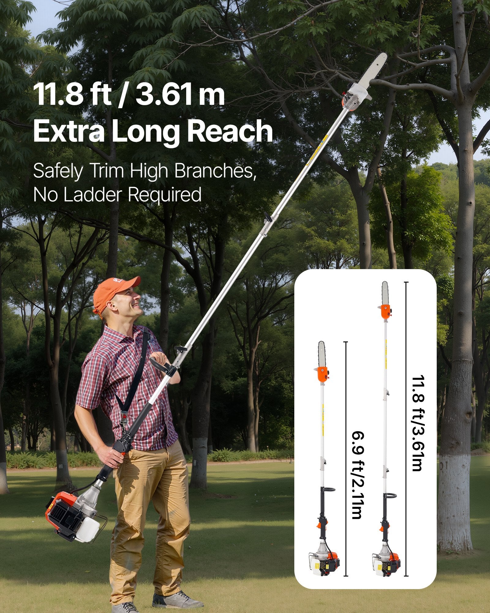 Gas Pole Saw, 43CC 2 Stroke Gas Powered Pole Saws with 25.4 cm Cutting Bar, Cordless Tree Trimmer with Rotatable Head, 2.1 to 3.6 m Extendable, Powerful Chainsaw for Tree Trimming Pruning