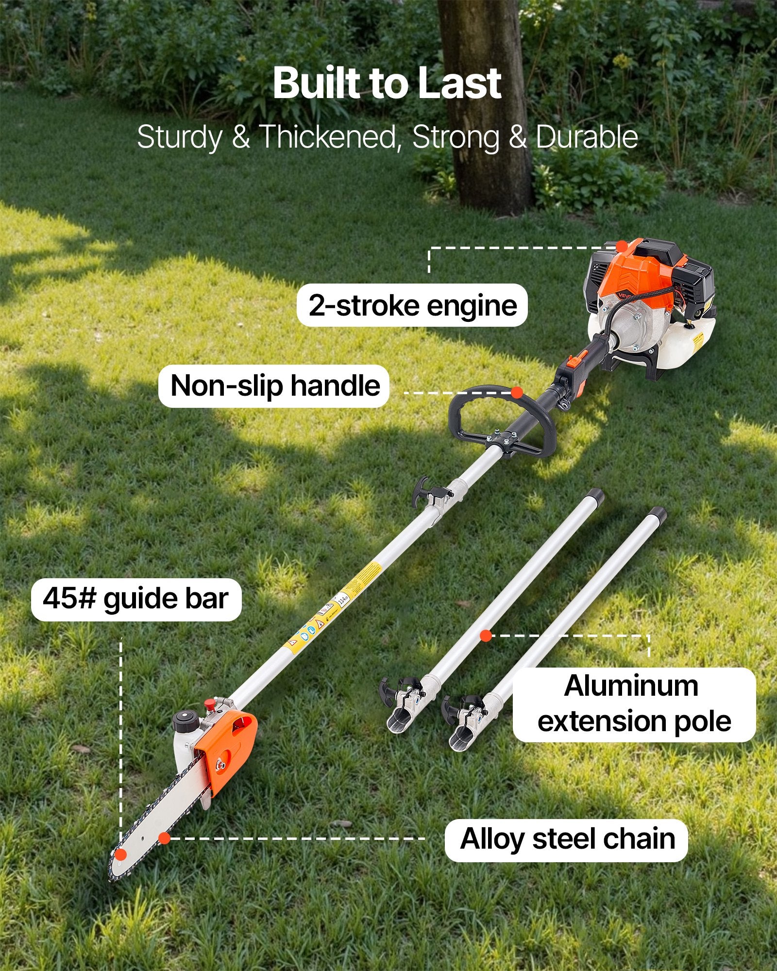 Gas Pole Saw, 43CC 2 Stroke Gas Powered Pole Saws with 25.4 cm Cutting Bar, Cordless Tree Trimmer with Rotatable Head, 2.1 to 3.6 m Extendable, Powerful Chainsaw for Tree Trimming Pruning