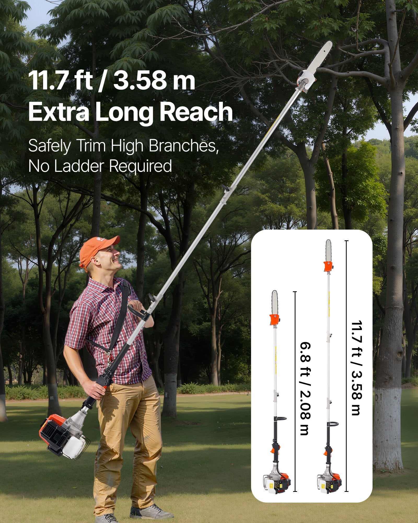 Gas Pole Saw, 33CC 2 Stroke Gas Powered Pole Saws with 20.3 cm Cutting Bar, Cordless Tree Trimmer with 850ml Fuel Tank, 2.08 to 3.58 m  Extendable, Powerful Chainsaw for Tree Trimming Pruning