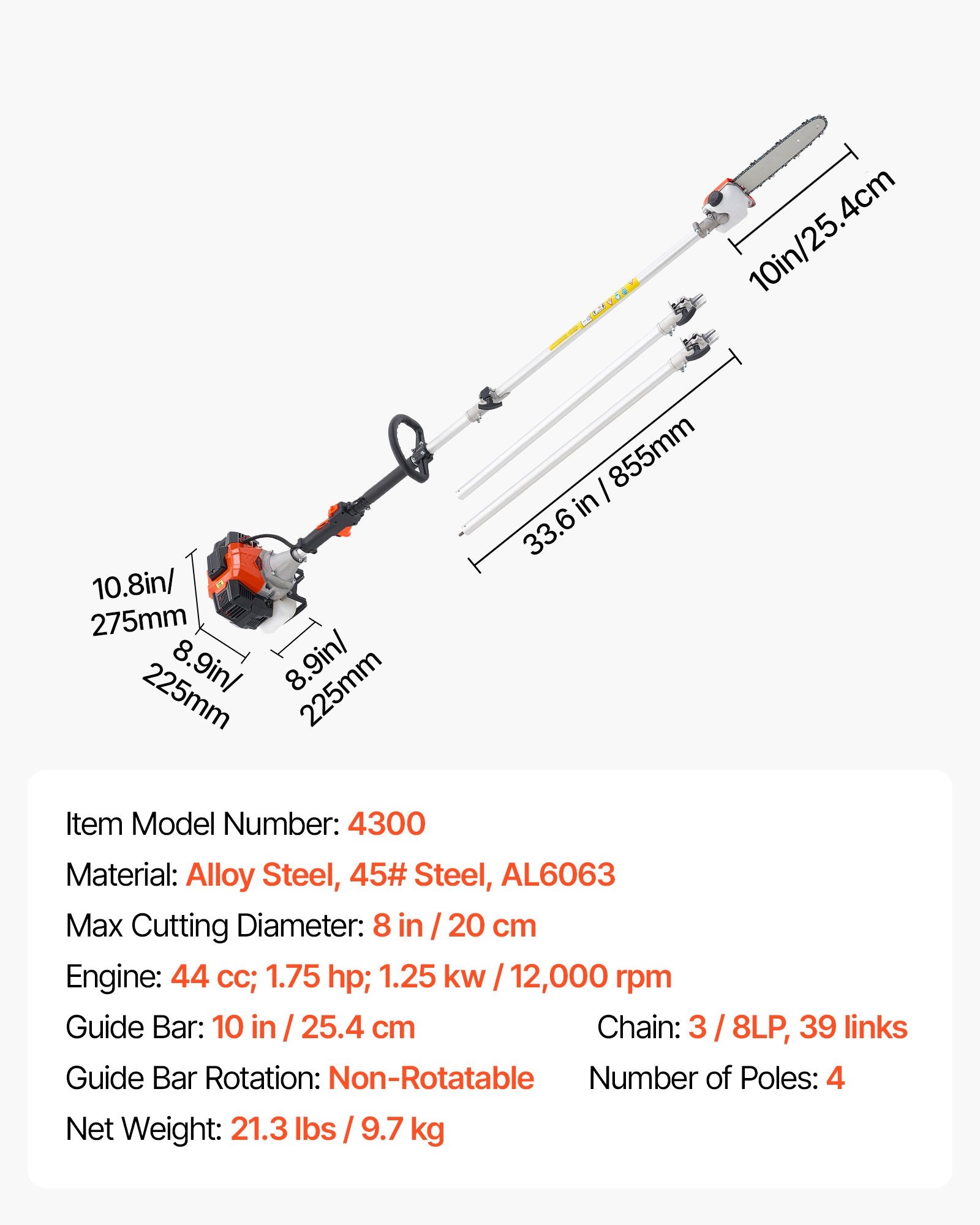 Gas Pole Saw, 33CC 2 Stroke Gas Powered Pole Saws with 20.3 cm Cutting Bar, Cordless Tree Trimmer with 850ml Fuel Tank, 2.08 to 3.58 m  Extendable, Powerful Chainsaw for Tree Trimming Pruning