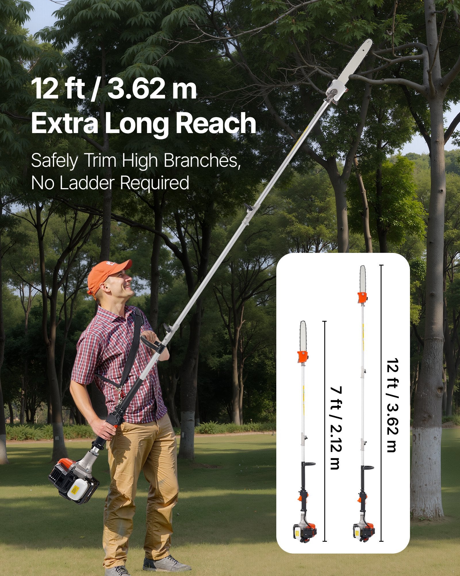 Gas Pole Saw, 25CC 2 Stroke Gas Powered Pole Saws with 30.5 cm Cutting Bar, Cordless Tree Trimmer with 650ml Fuel Tank, 2.12 to 3.62 m Extendable, Powerful Chainsaw for Tree Trimming Pruning