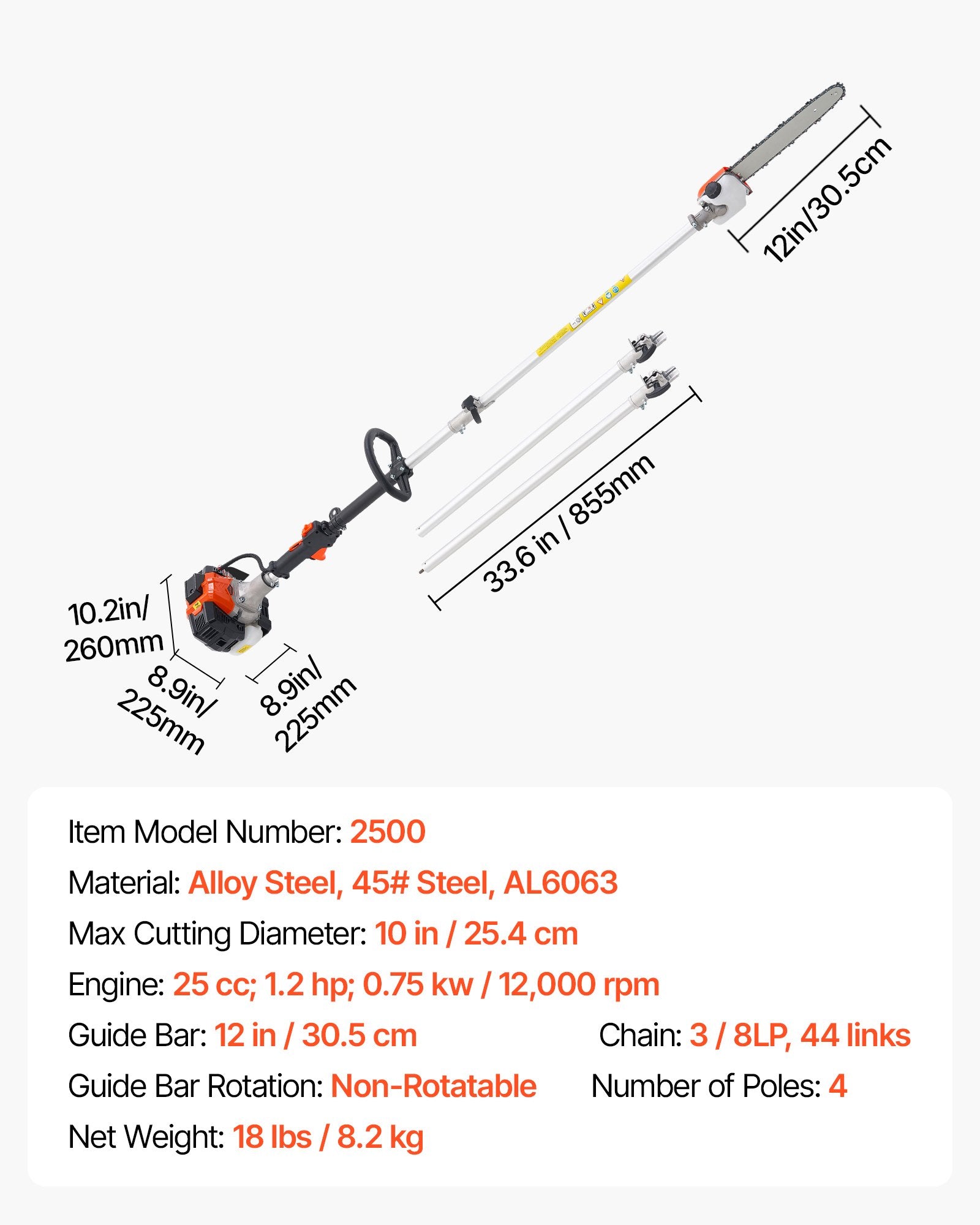 Gas Pole Saw, 25CC 2 Stroke Gas Powered Pole Saws with 30.5 cm Cutting Bar, Cordless Tree Trimmer with 650ml Fuel Tank, 2.12 to 3.62 m Extendable, Powerful Chainsaw for Tree Trimming Pruning