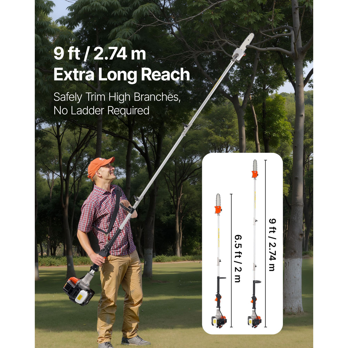 Gas Pole Saw, 25CC 2 Stroke Gas Powered Pole Saws with 20.3 cm Cutting Bar, Cordless Tree Trimmer with 650ml Fuel Tank, 2 to 2.74 m Extendable, Powerful Chainsaw for Tree Trimming Pruning