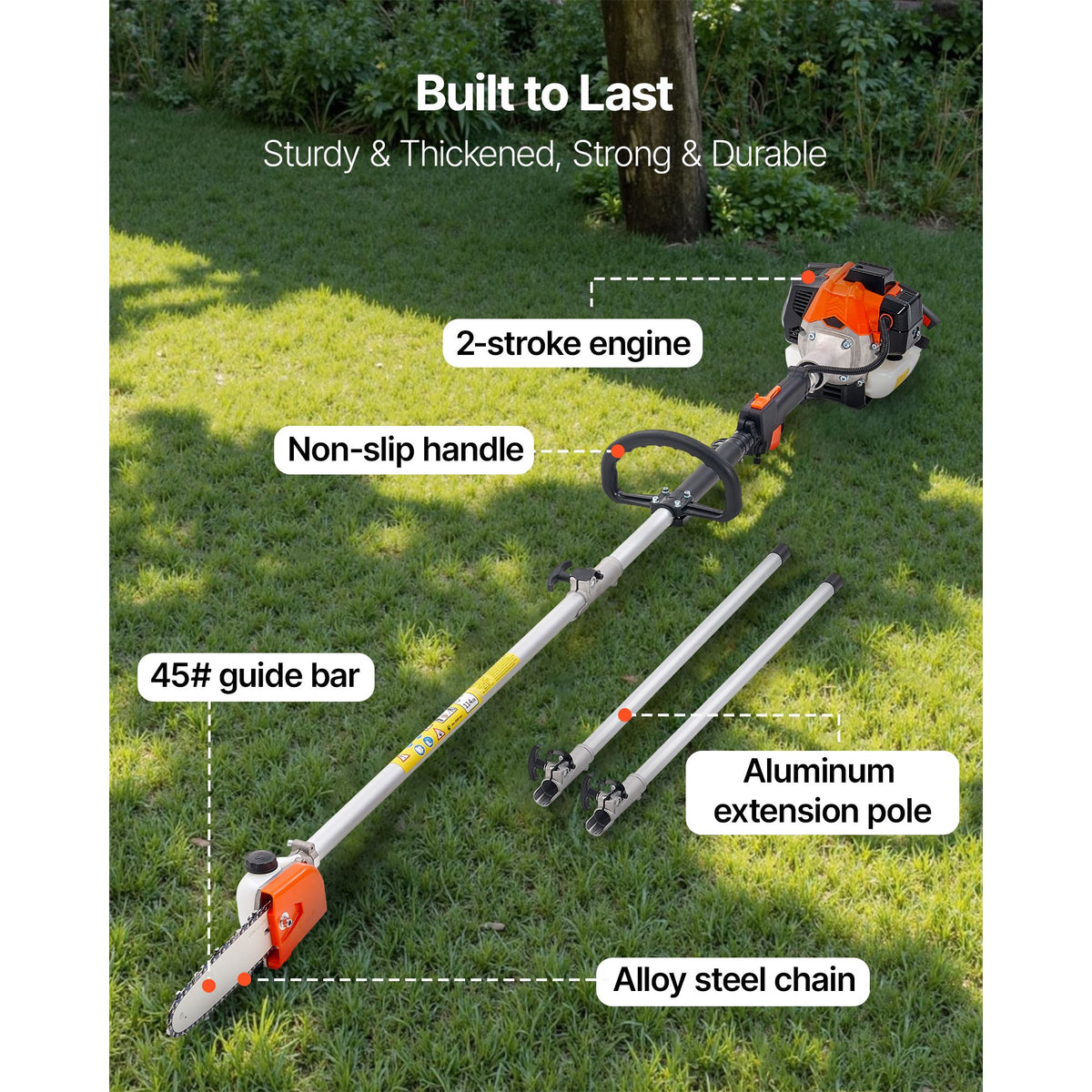 Gas Pole Saw, 25CC 2 Stroke Gas Powered Pole Saws with 20.3 cm Cutting Bar, Cordless Tree Trimmer with 650ml Fuel Tank, 2 to 2.74 m Extendable, Powerful Chainsaw for Tree Trimming Pruning
