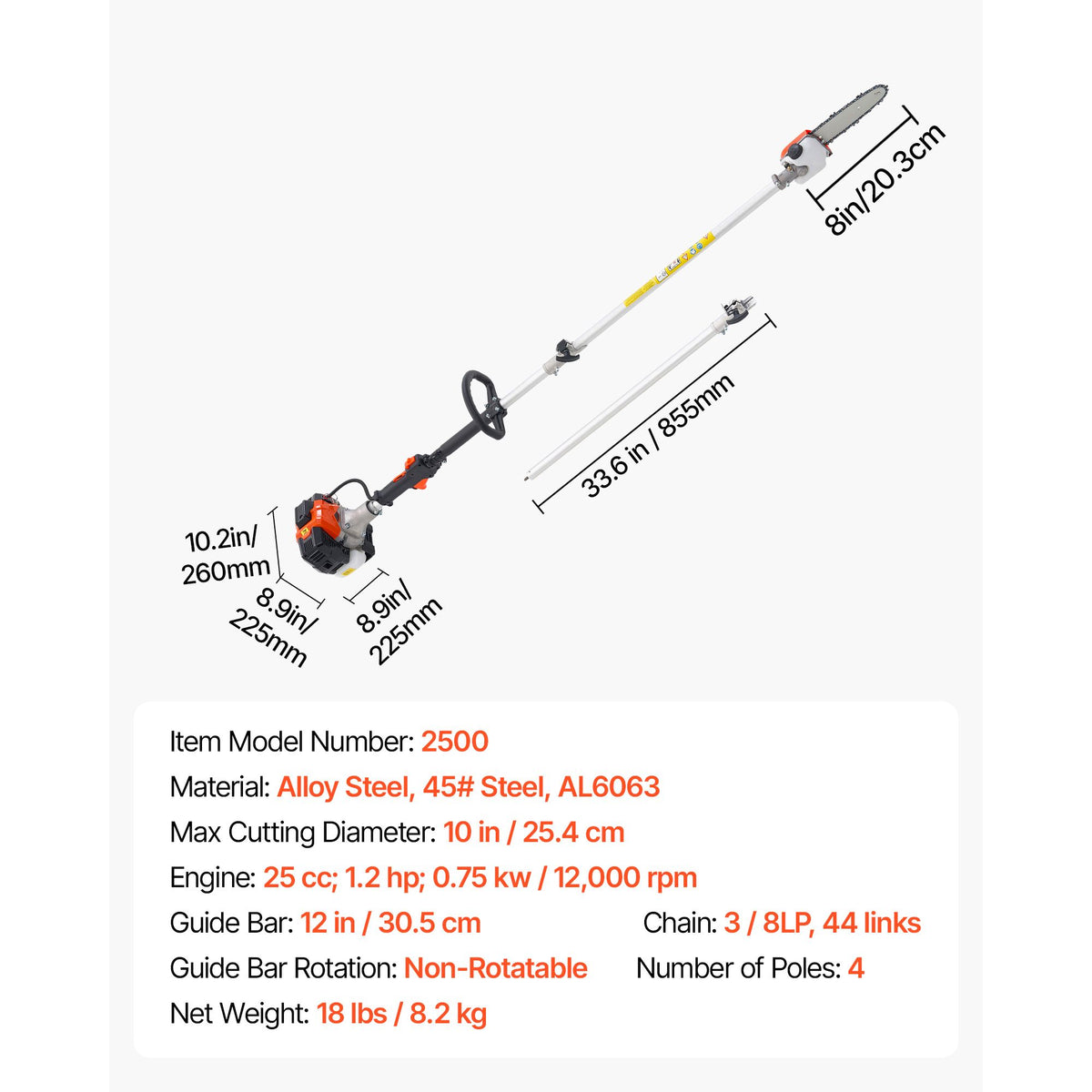 Gas Pole Saw, 25CC 2 Stroke Gas Powered Pole Saws with 20.3 cm Cutting Bar, Cordless Tree Trimmer with 650ml Fuel Tank, 2 to 2.74 m Extendable, Powerful Chainsaw for Tree Trimming Pruning