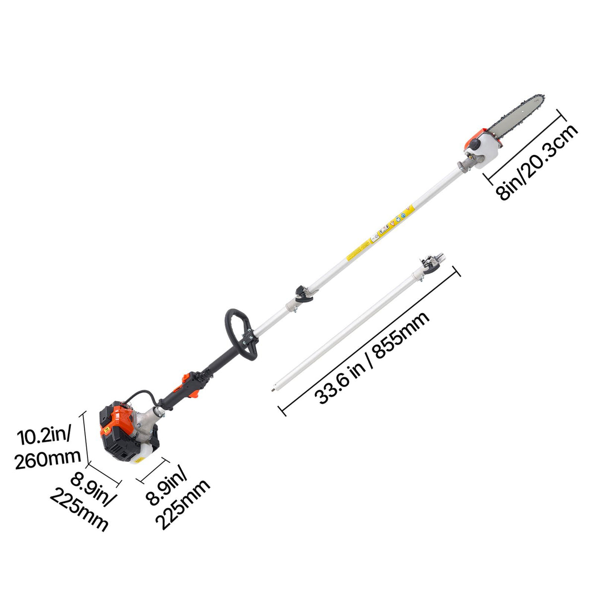 Gas Pole Saw, 25CC 2 Stroke Gas Powered Pole Saws with 20.3 cm Cutting Bar, Cordless Tree Trimmer with 650ml Fuel Tank, 2 to 2.74 m Extendable, Powerful Chainsaw for Tree Trimming Pruning