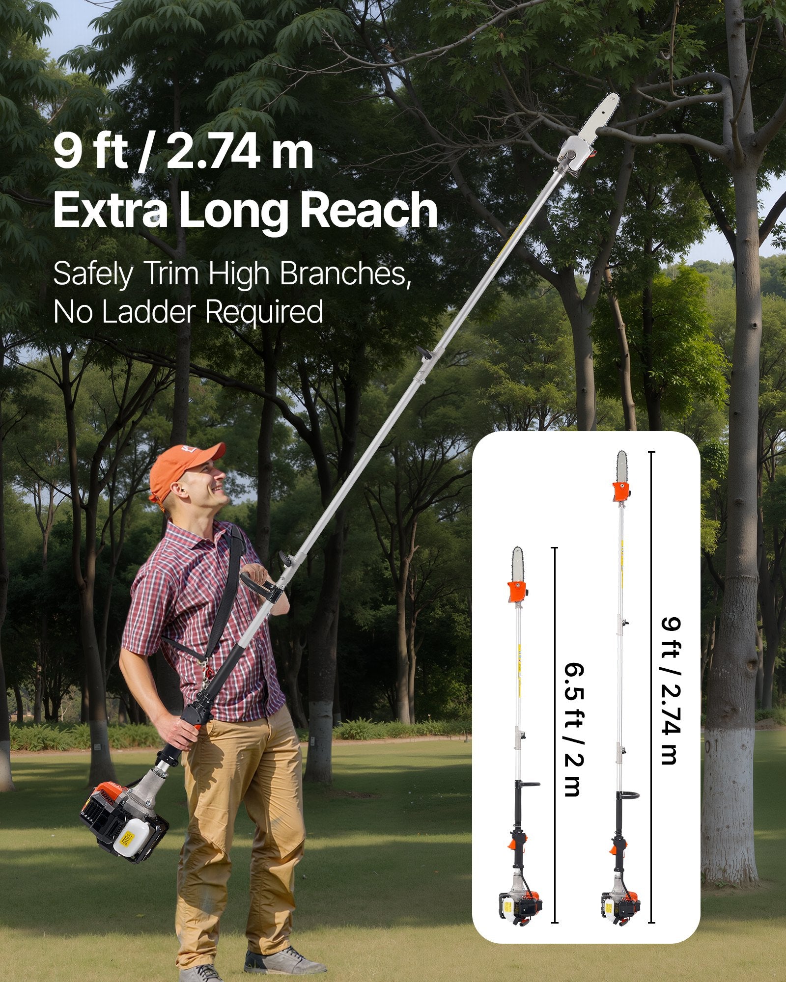 Gas Pole Saw, 25CC 2 Stroke Gas Powered Pole Saws with 20.3 cm Cutting Bar, Cordless Tree Trimmer with 650ml Fuel Tank, 2 to 2.74 m Extendable, Powerful Chainsaw for Tree Trimming Pruning