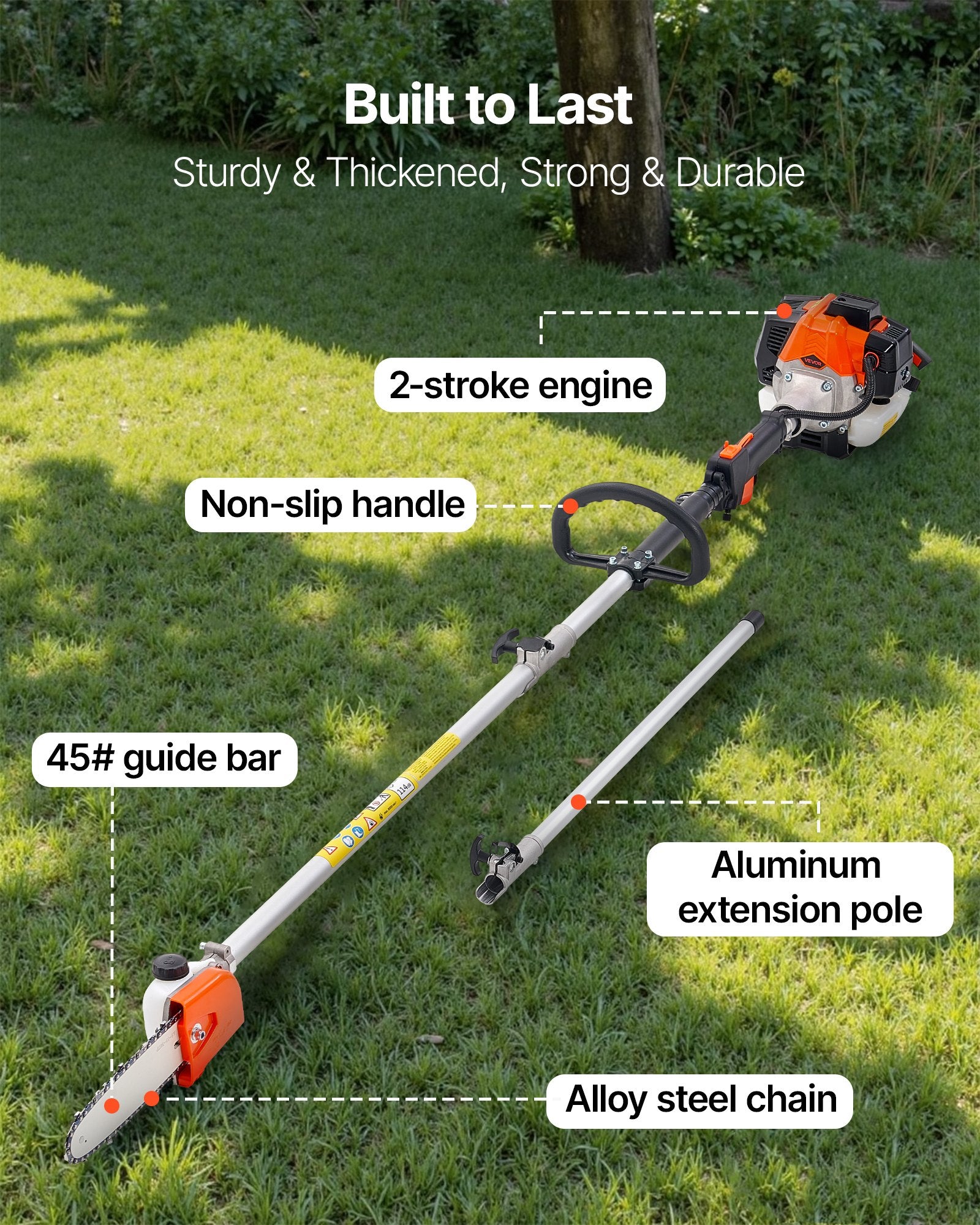 Gas Pole Saw, 25CC 2 Stroke Gas Powered Pole Saws with 20.3 cm Cutting Bar, Cordless Tree Trimmer with 650ml Fuel Tank, 2 to 2.74 m Extendable, Powerful Chainsaw for Tree Trimming Pruning