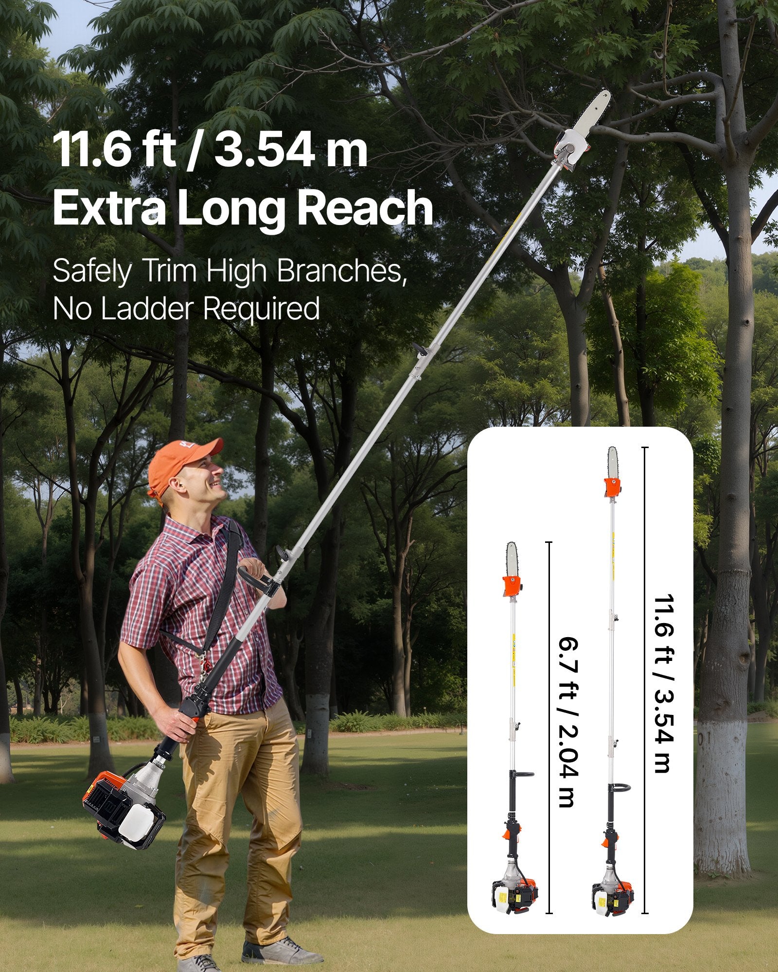 Gas Pole Saw, 33CC 2 Stroke Gas Powered Pole Saws with 20.3 cm Cutting Bar, Cordless Tree Trimmer with 850ml Fuel Tank, 2 to 3.5 m  Extendable, Powerful Chainsaw for Tree Trimming Pruning