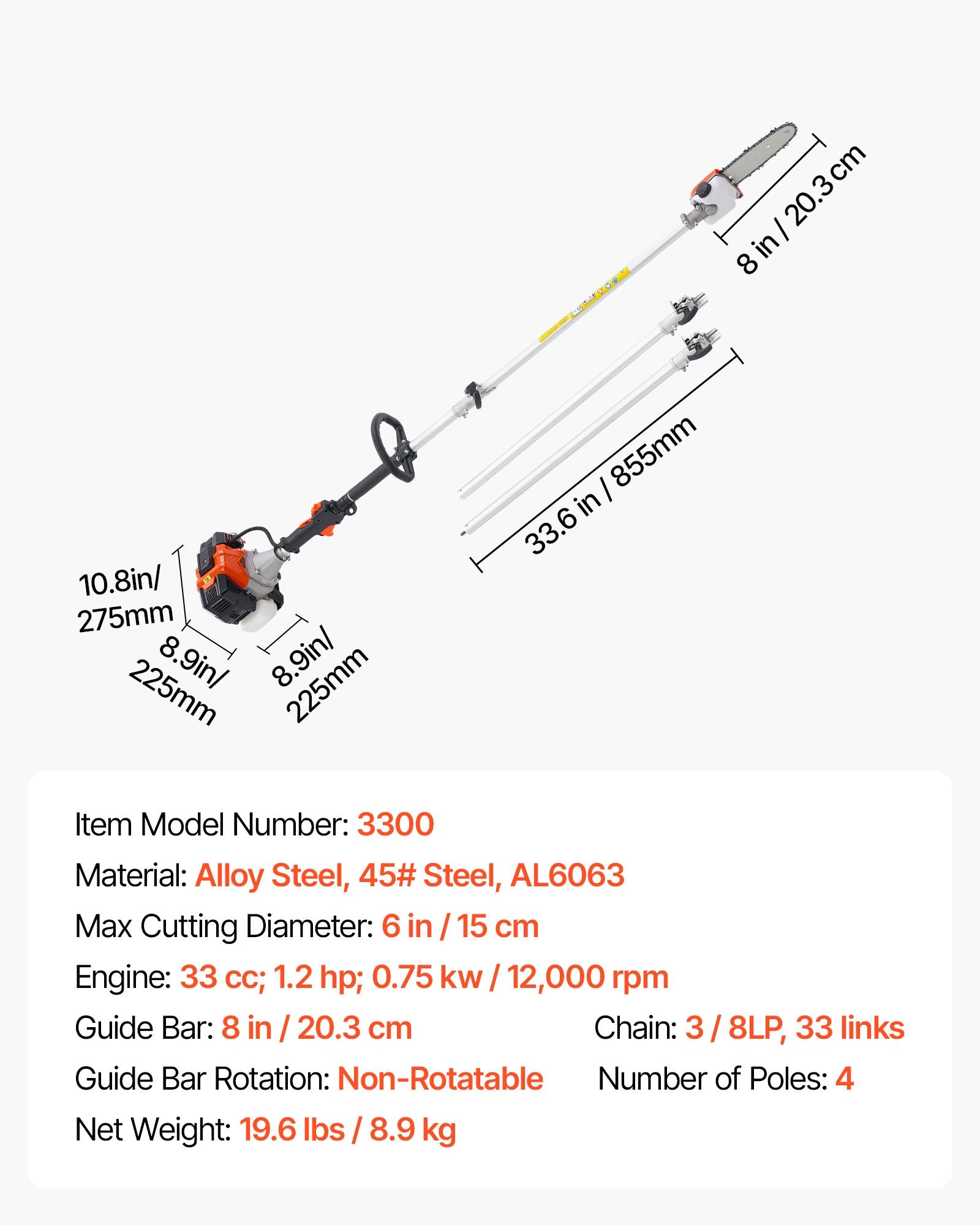 Gas Pole Saw, 33CC 2 Stroke Gas Powered Pole Saws with 20.3 cm Cutting Bar, Cordless Tree Trimmer with 850ml Fuel Tank, 2 to 3.5 m  Extendable, Powerful Chainsaw for Tree Trimming Pruning