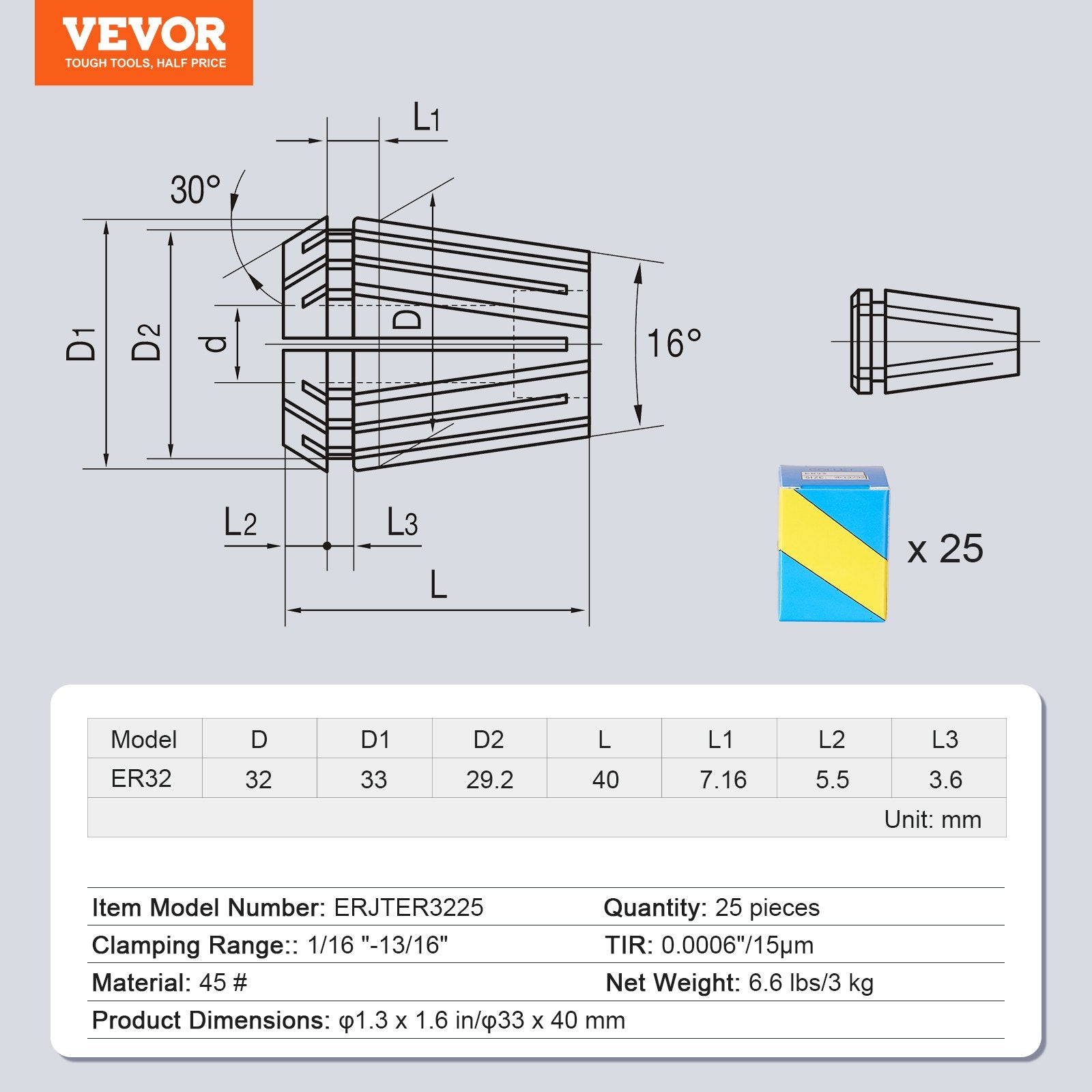 25 pcs ER32 Collet Set, 1/16''-13/16'', ER32 Spring Collet Chuck Set, 0.0006