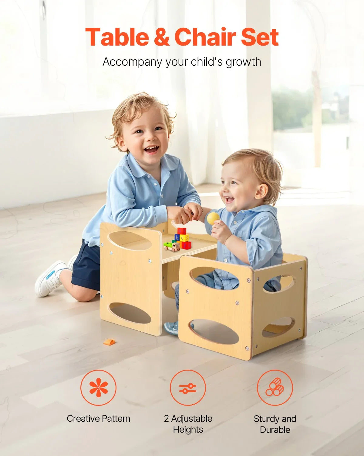 Montessori Weaning Table and Chair Set, Wooden Toddler Table and Chair Set for Aged 1-5, Adjustable Height Kids Montessori Chair and Activity Table, Ideal for Reading, Eating, Playing - Natural