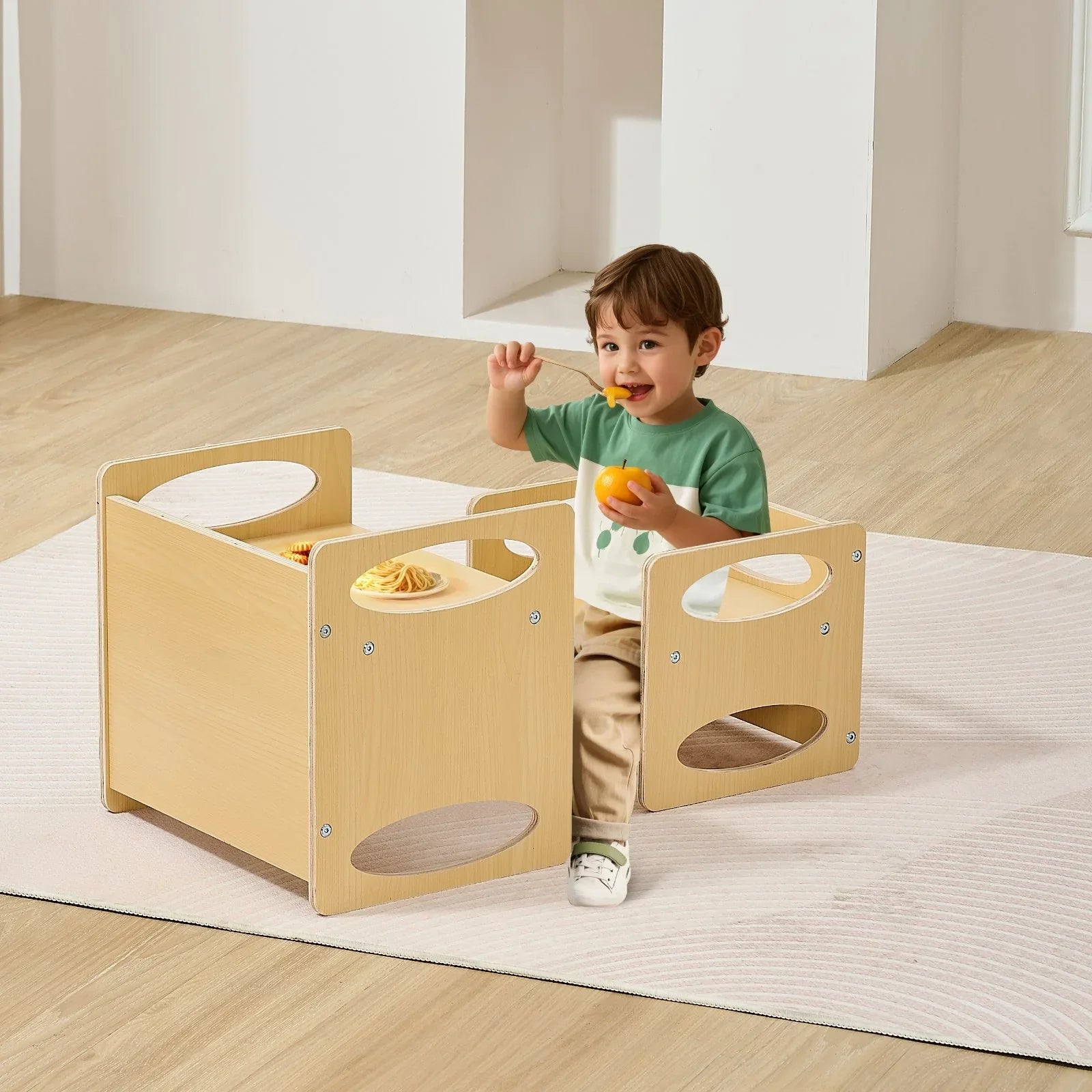 Montessori Weaning Table and Chair Set, Wooden Toddler Table and Chair Set for Aged 1-5, Adjustable Height Kids Montessori Chair and Activity Table, Ideal for Reading, Eating, Playing - Natural