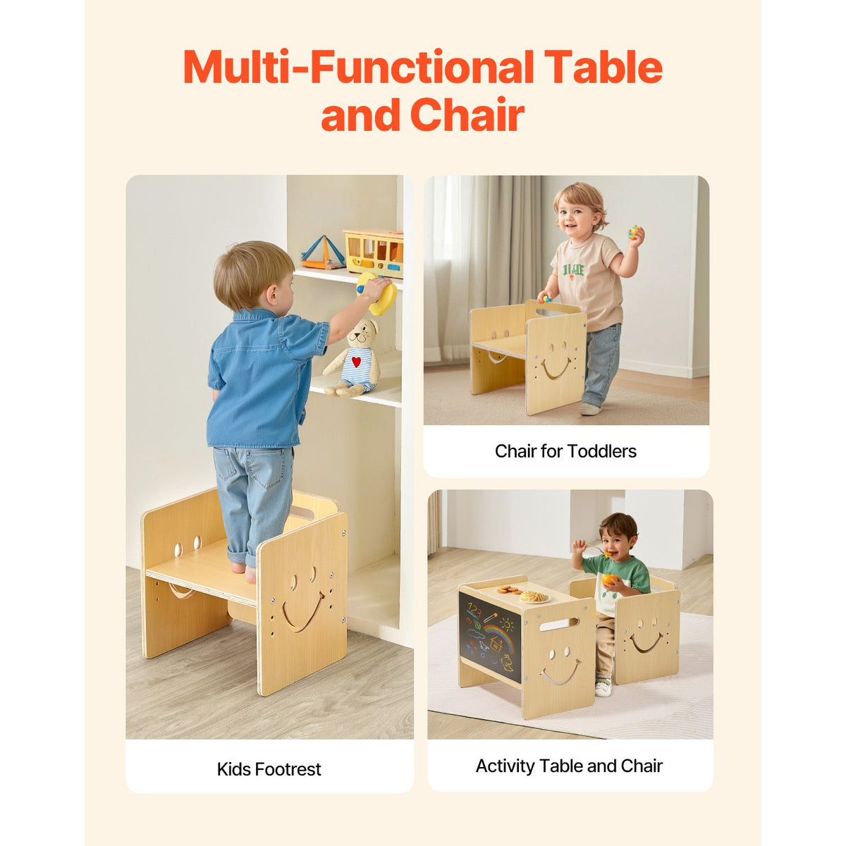 Montessori Weaning Table and Chair Set, 3 In 1 Wooden Toddler Table and Chairs with Chalkboard, Adjustable Height Montessori Table for Ages 1-5, Ideal for Drawing, Reading, Eating - Natural