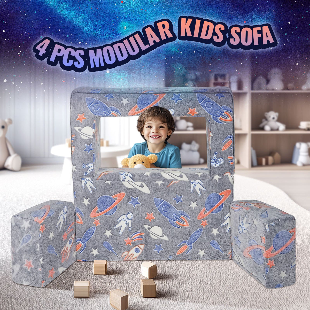 Modular Kids Play Couch 4Pcs DIY Glow in the Dark Toddler Chair in Grey