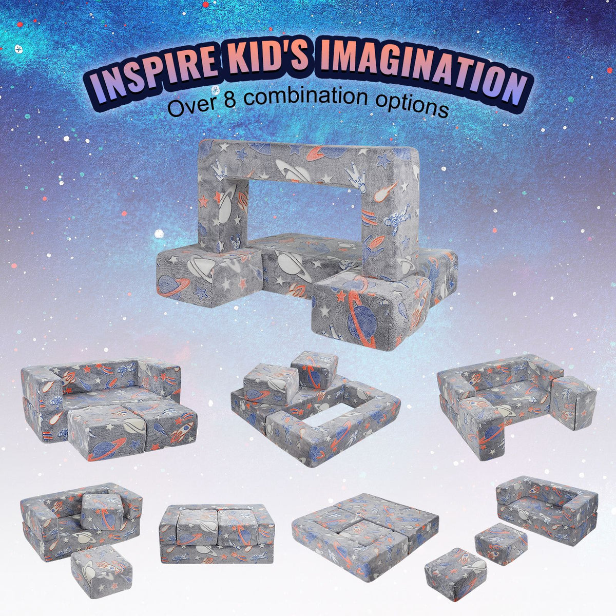 Modular Kids Play Couch 4Pcs DIY Glow in the Dark Toddler Chair in Grey