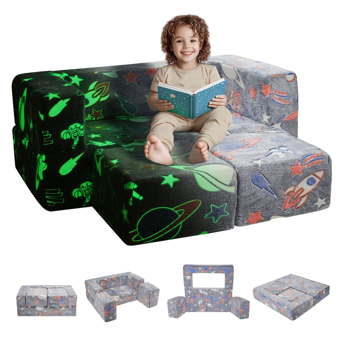 Modular Kids Play Couch 4Pcs DIY Glow in the Dark Toddler Chair in Grey