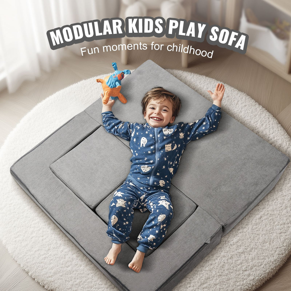 Kids Modular Play Couch 4 Piece Foam Sectional Toddler Sofa Washable Dark Grey