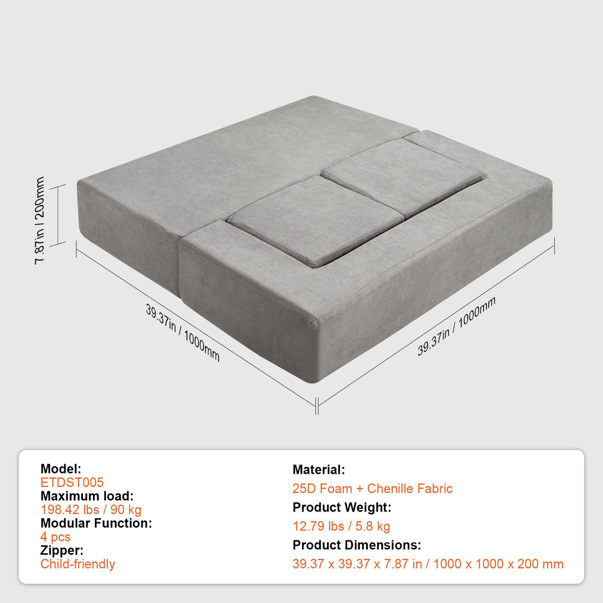 Kids Modular Play Couch 4 Piece Foam Sectional Toddler Sofa Washable Dark Grey