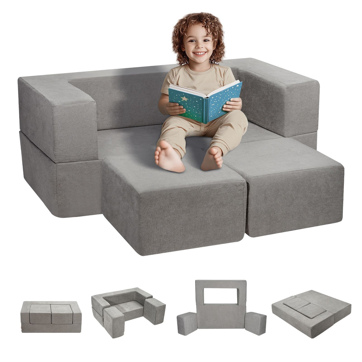 Kids Modular Play Couch 4 Piece Foam Sectional Toddler Sofa Washable Dark Grey