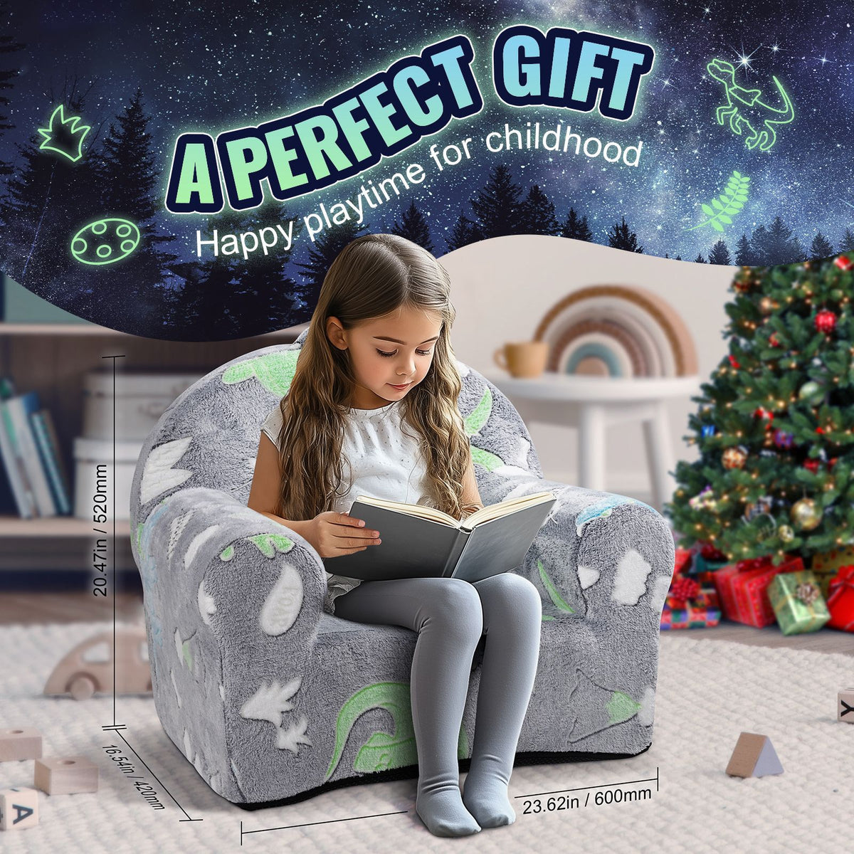 Glow in the Dark Toddler Chair Plush Kids Sofa Washable Playroom Armchair Grey