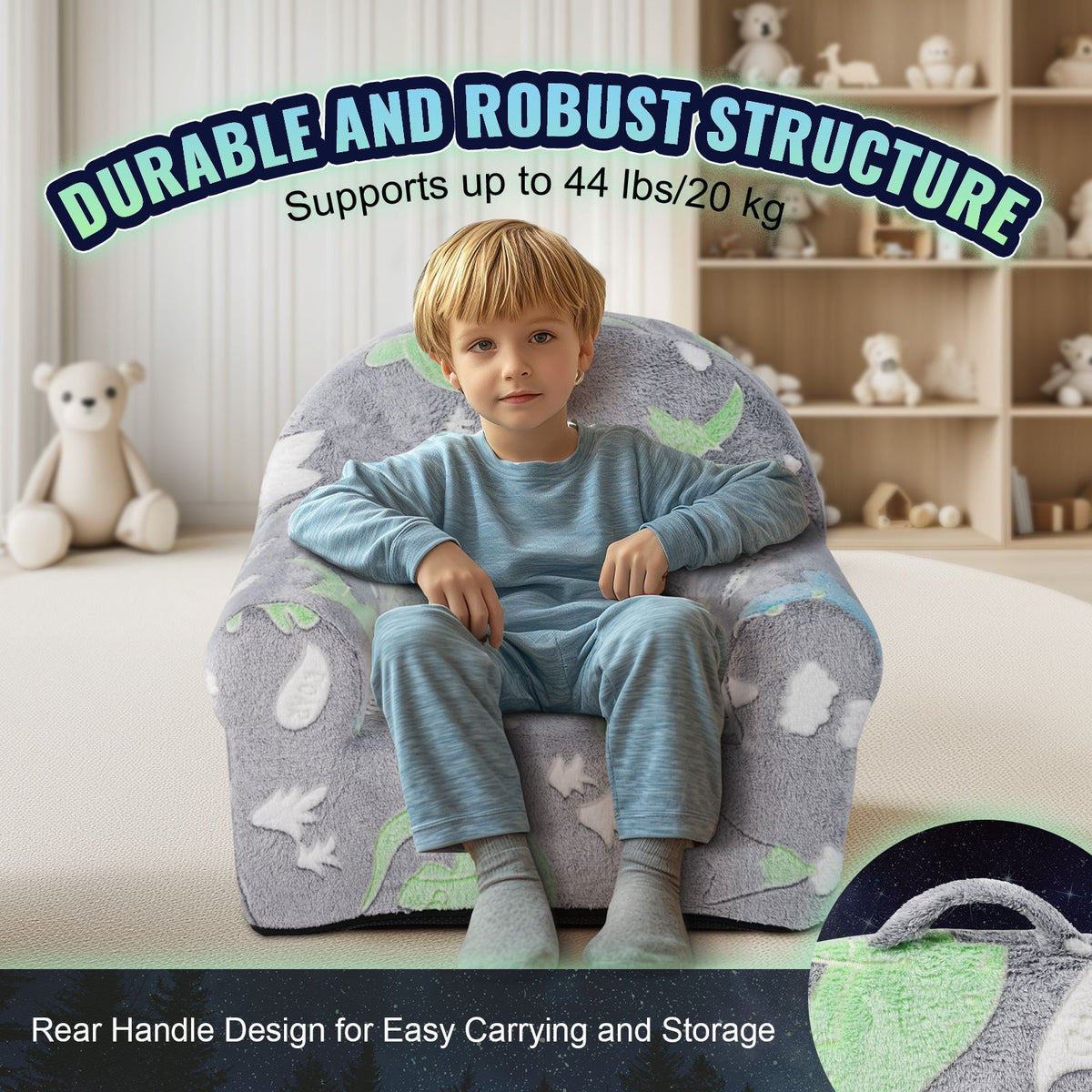 Glow in the Dark Toddler Chair Plush Kids Sofa Washable Playroom Armchair Grey