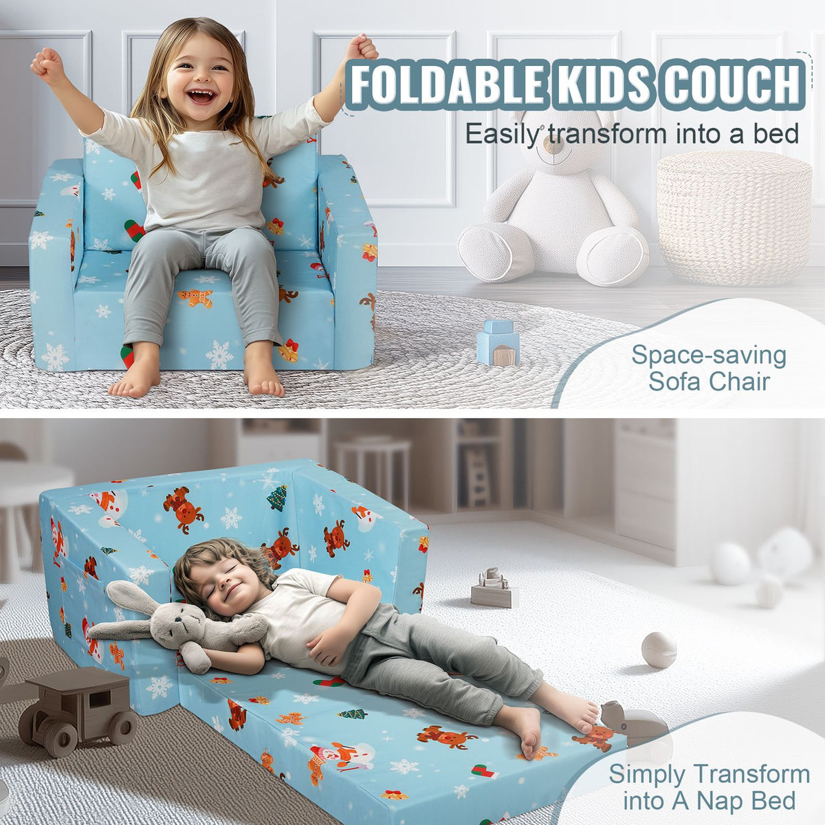 Baby Chair Foldable 2-in-1 Baby Lounger Couch Cartoon Kids Sofa Pink