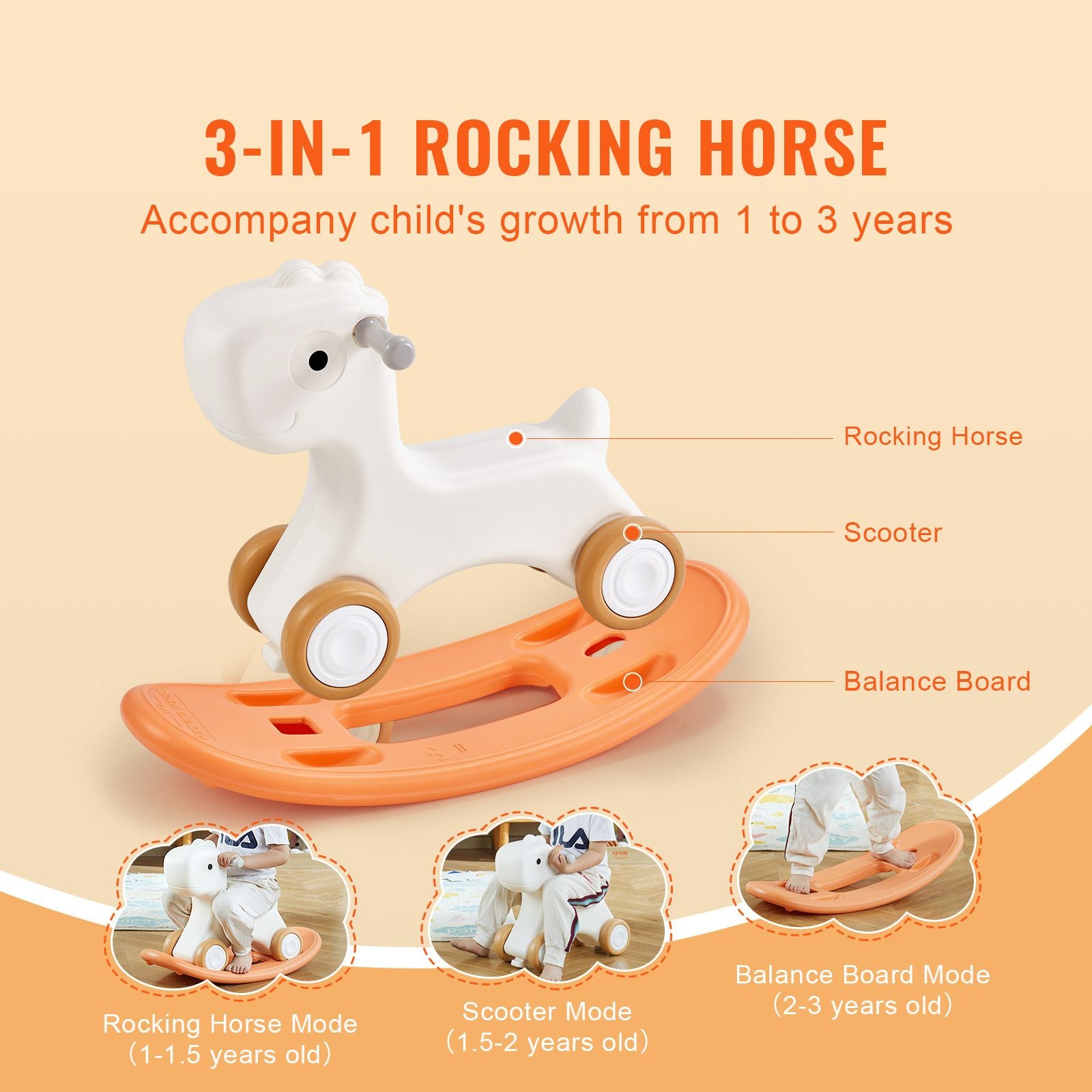 3 in 1 Rocking Horse for Toddlers 1-3 Years, Baby Rocking Horse with Detachable Balance Board and 4 Smooth Wheels, Support up to 80 lbs HDPE Material Kids Ride on Toy, Swinging, Orange