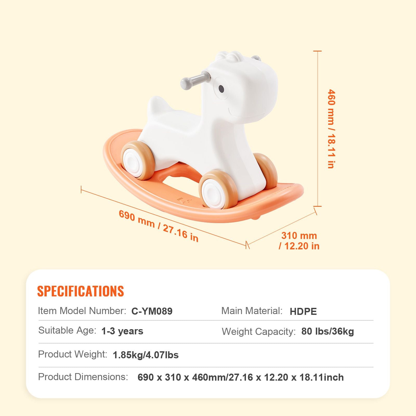 3 in 1 Rocking Horse for Toddlers 1-3 Years, Baby Rocking Horse with Detachable Balance Board and 4 Smooth Wheels, Support up to 80 lbs HDPE Material Kids Ride on Toy, Swinging, Orange