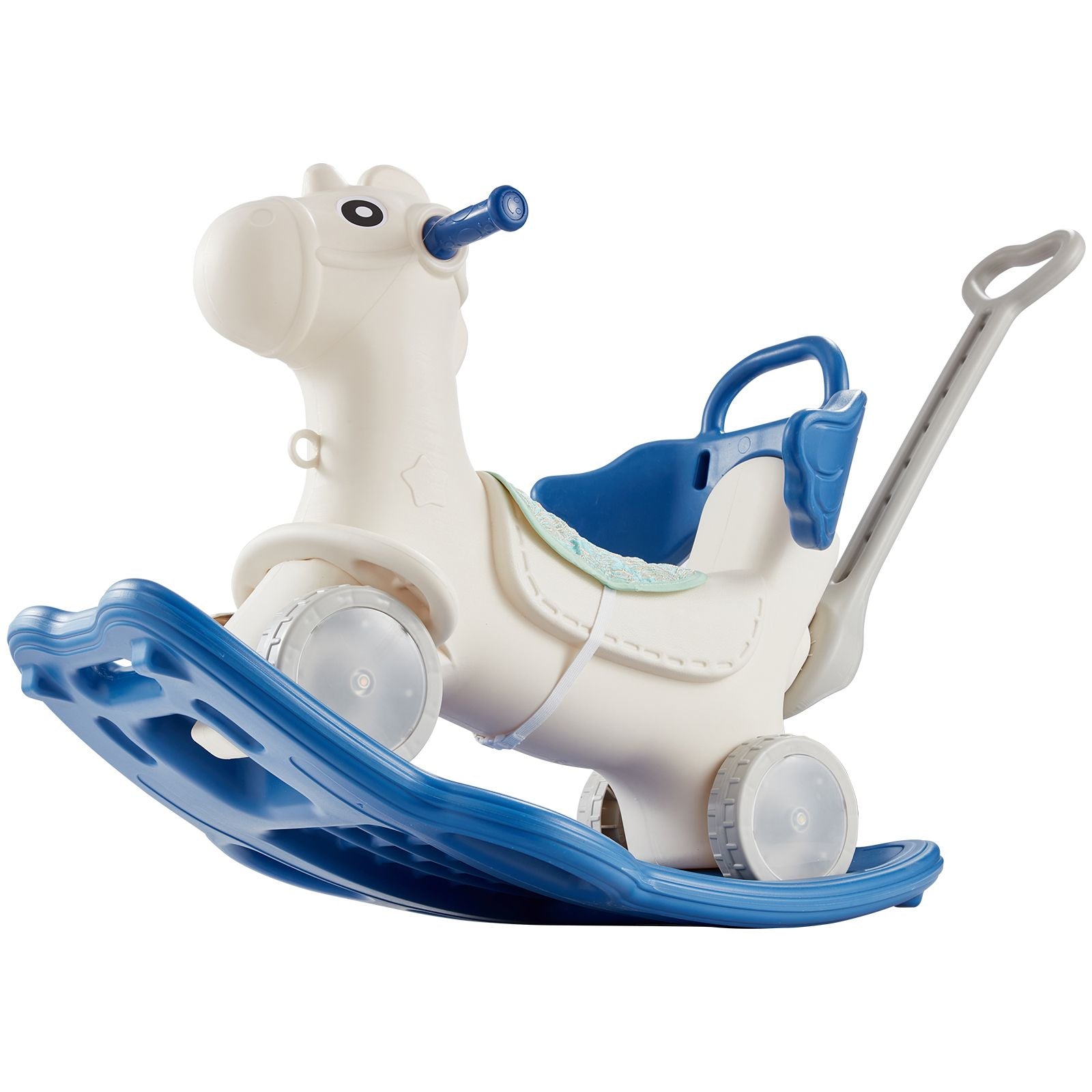 4-in-1 Toddler Rocking Horse Ride On Toy Blue with Push Handle Wheels 80lbs