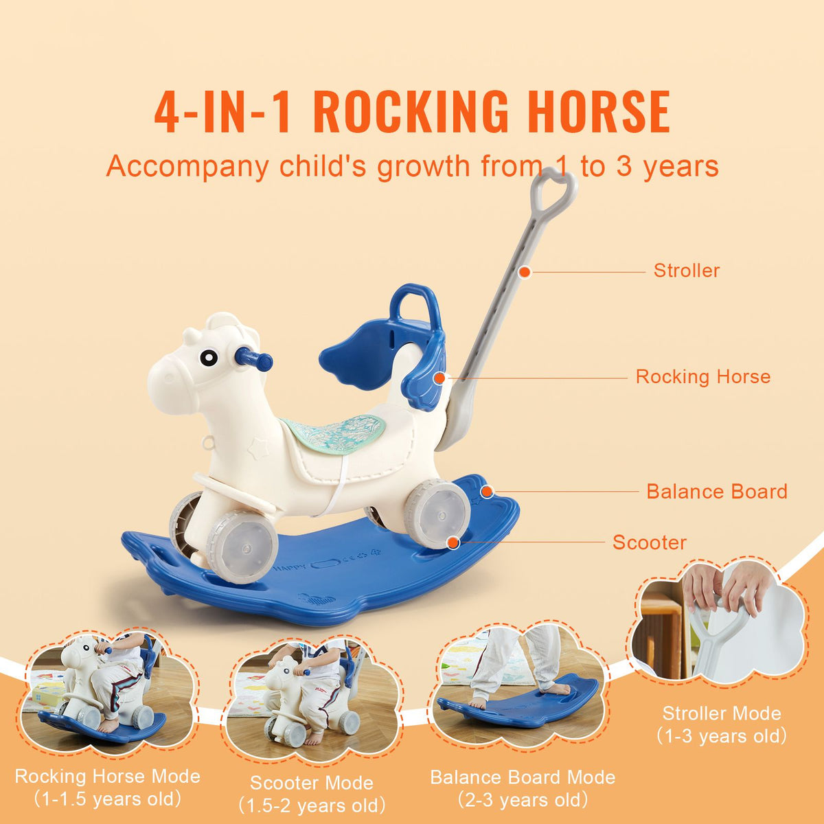 4-in-1 Toddler Rocking Horse Ride On Toy Blue with Push Handle Wheels 80lbs